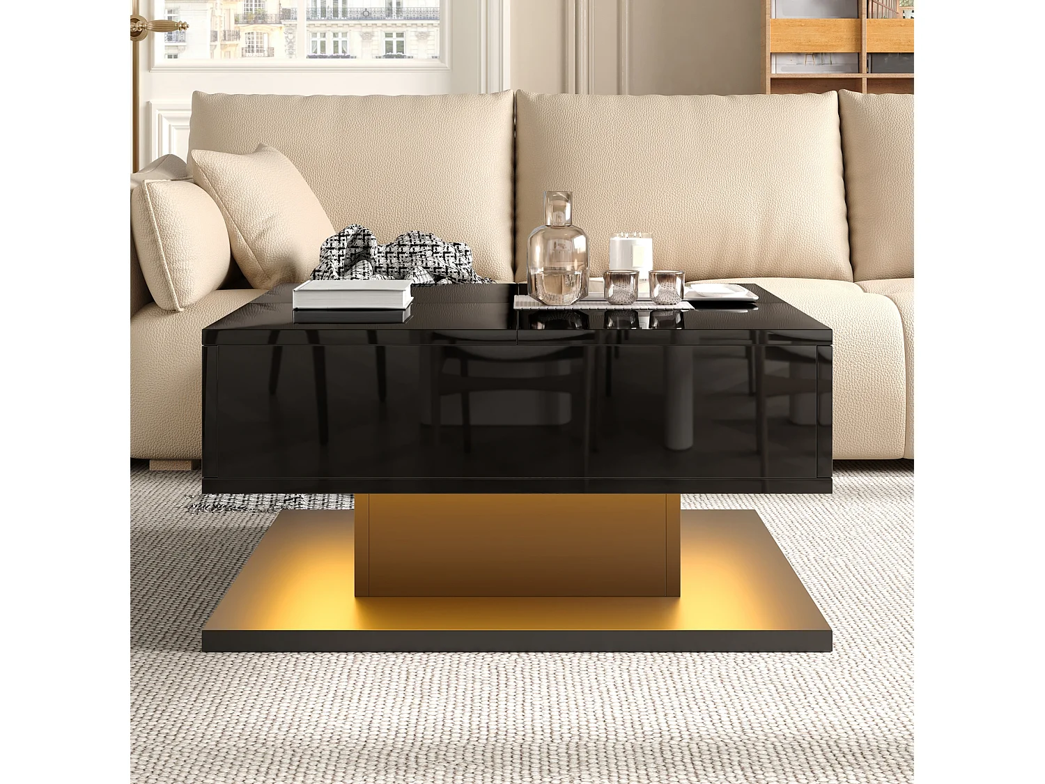 Table basse à plateau relevable avec 2 tiroirs et LED - MDF et panneaux de particules - 72 x 72 x 35 cm - Noir brillant