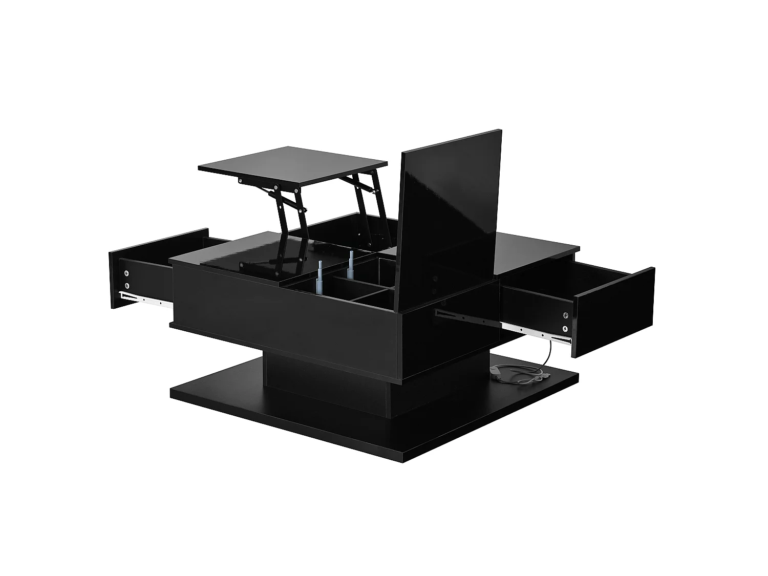 Table basse à plateau relevable avec 2 tiroirs et LED - MDF et panneaux de particules - 72 x 72 x 35 cm - Noir brillant