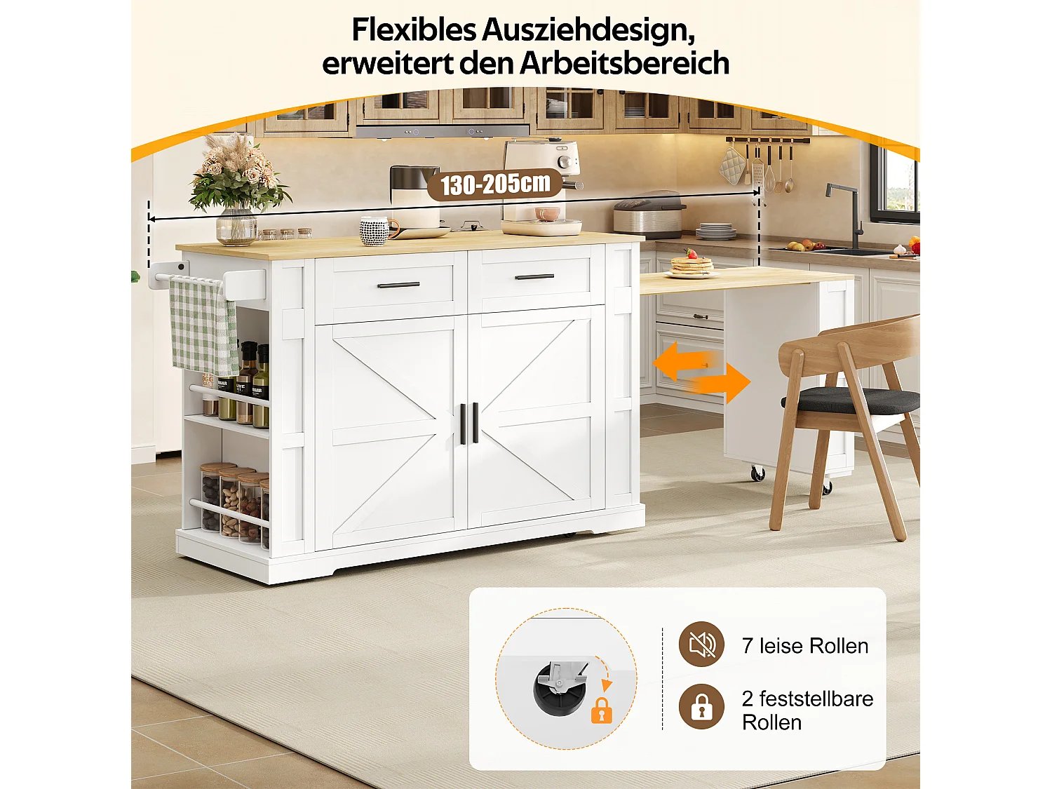 Îlot central de cuisine extensible sur roulettes, 2 portes, 2 tiroirs, prises et USB - MDF - 130 à 205 x 50 x 93 cm - Blanc et naturel