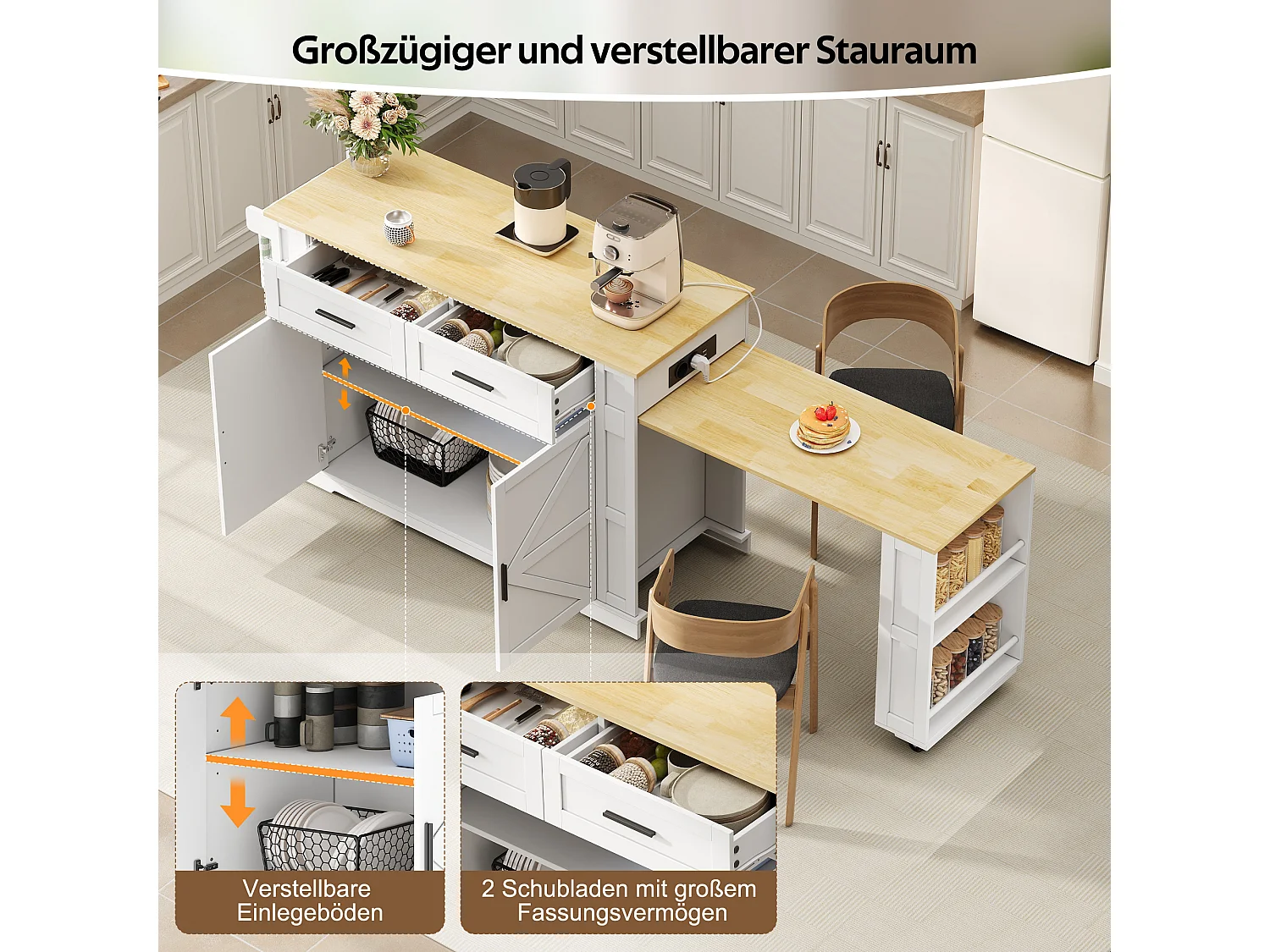 Îlot central de cuisine extensible sur roulettes, 2 portes, 2 tiroirs, prises et USB - MDF - 130 à 205 x 50 x 93 cm - Blanc et naturel