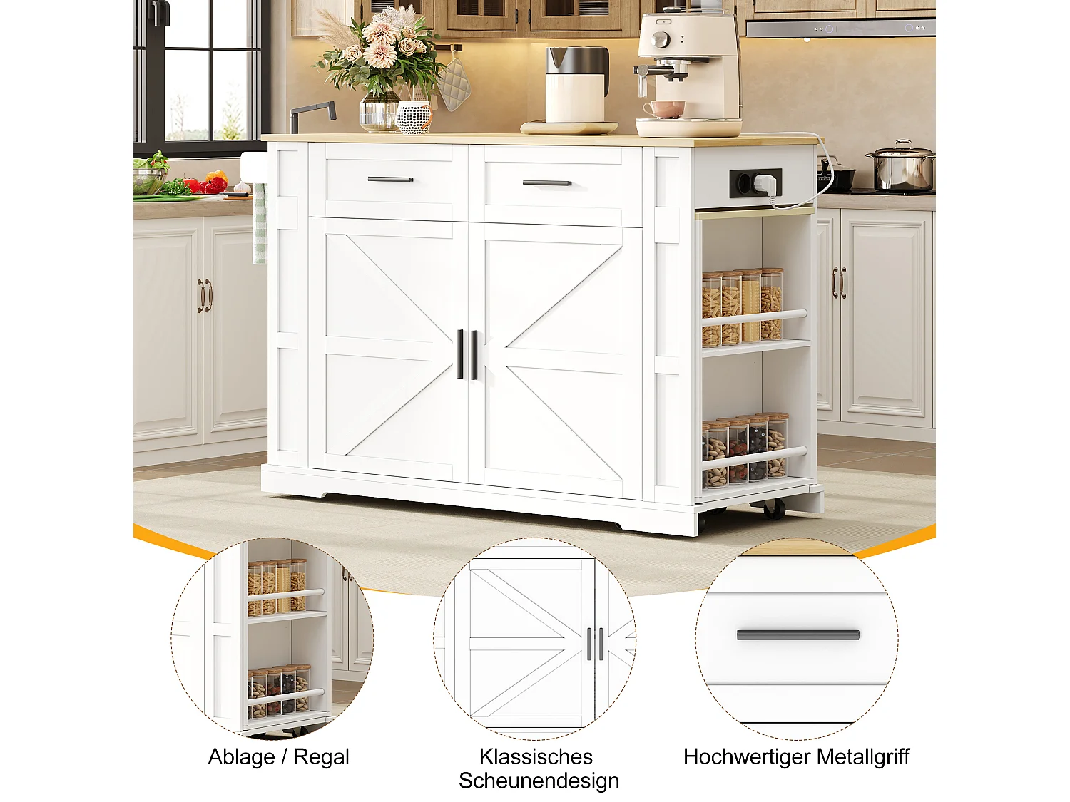 Îlot central de cuisine extensible sur roulettes, 2 portes, 2 tiroirs, prises et USB - MDF - 130 à 205 x 50 x 93 cm - Blanc et naturel