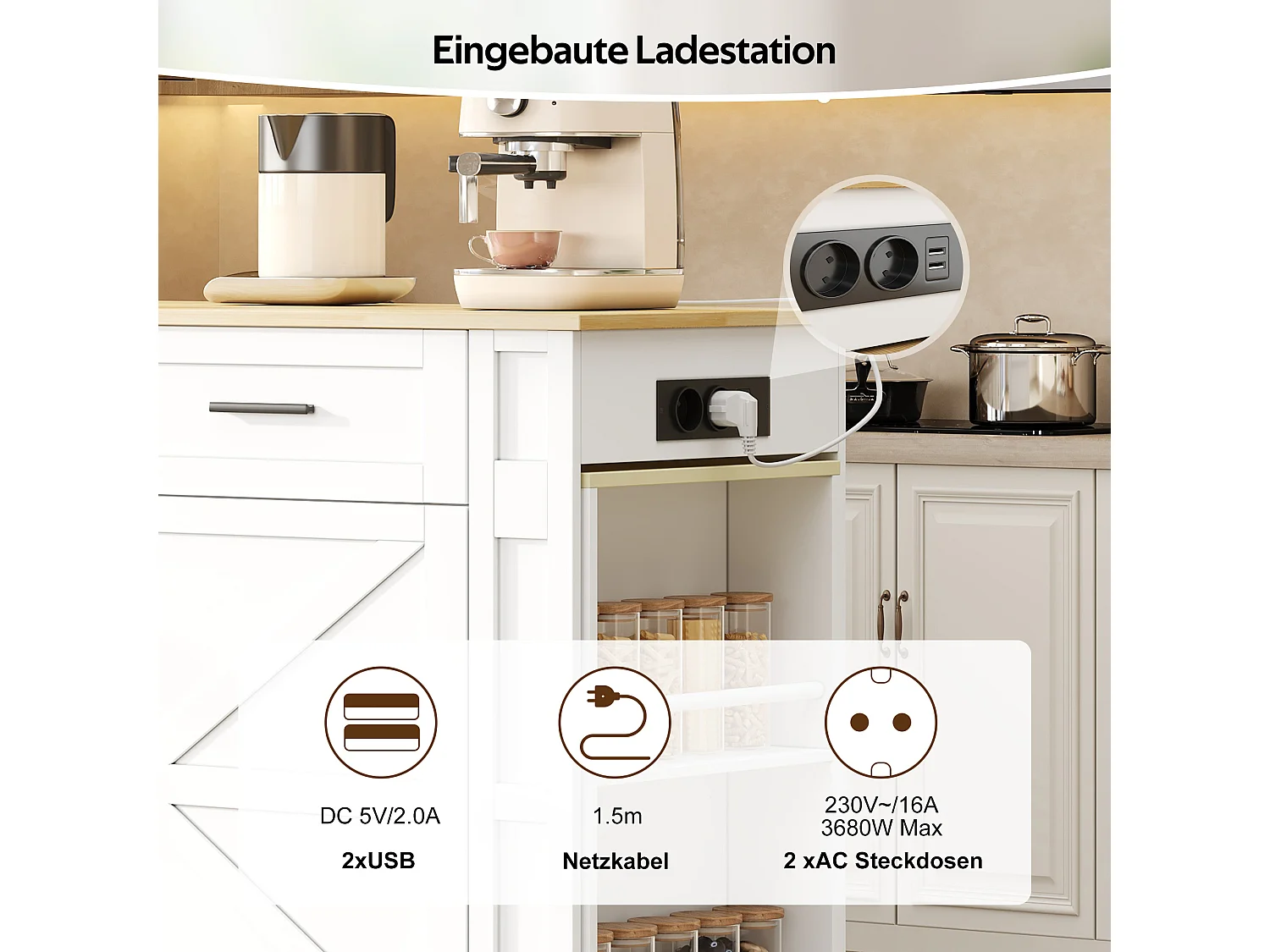 Îlot central de cuisine extensible sur roulettes, 2 portes, 2 tiroirs, prises et USB - MDF - 130 à 205 x 50 x 93 cm - Blanc et naturel