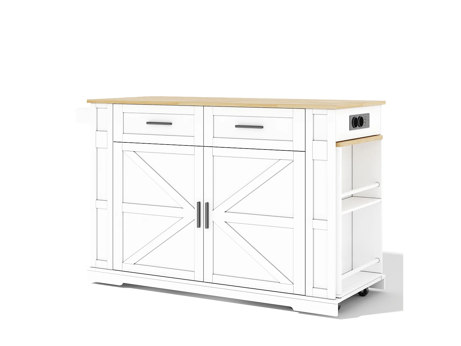 Îlot central de cuisine extensible sur roulettes, 2 portes, 2 tiroirs, prises et USB - MDF - 130 à 205 x 50 x 93 cm - Blanc et naturel