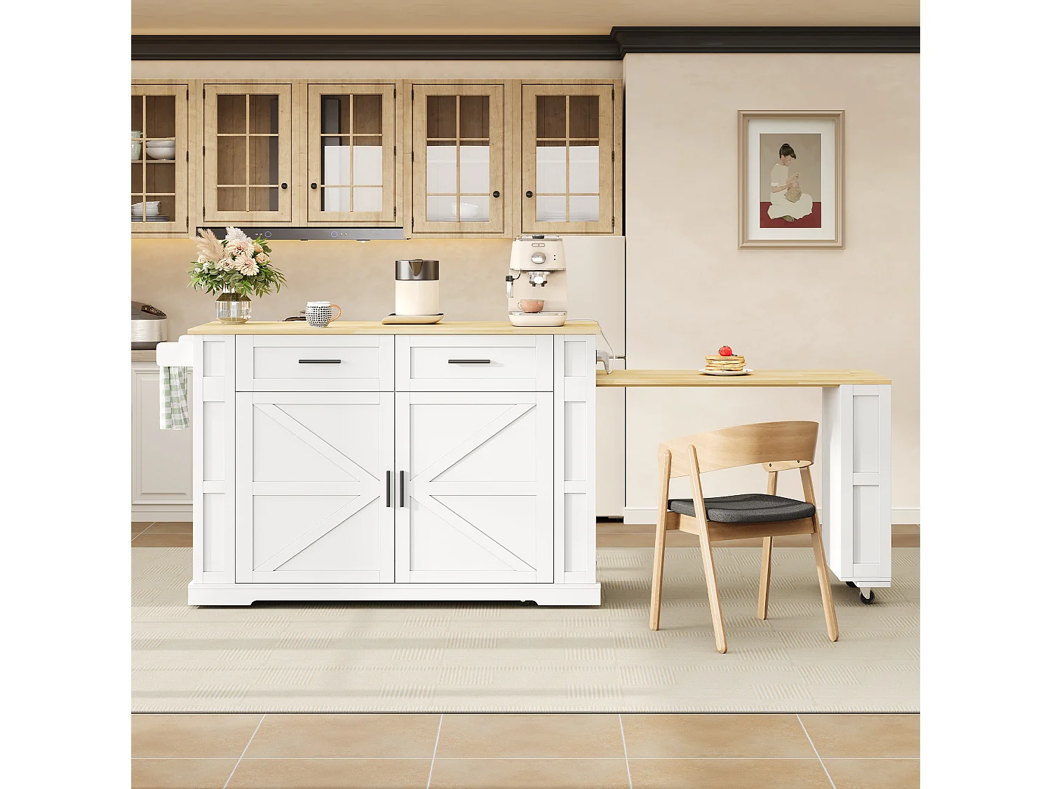 Îlot central de cuisine extensible sur roulettes, 2 portes, 2 tiroirs, prises et USB - MDF - 130 à 205 x 50 x 93 cm - Blanc et naturel