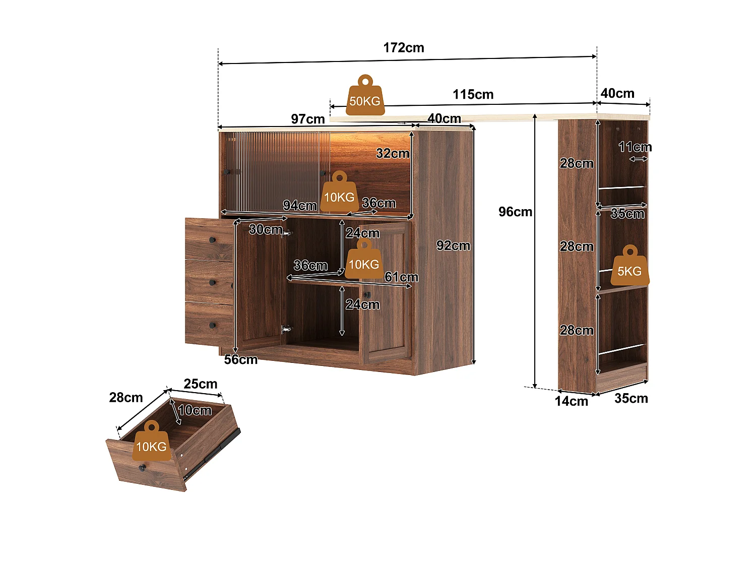 Extendable kitchen island with rotating top, 3 drawers, 4 doors and RGB LED lighting - MDF and tempered glass - 115 to 172 x 40 x 96 cm - Natural