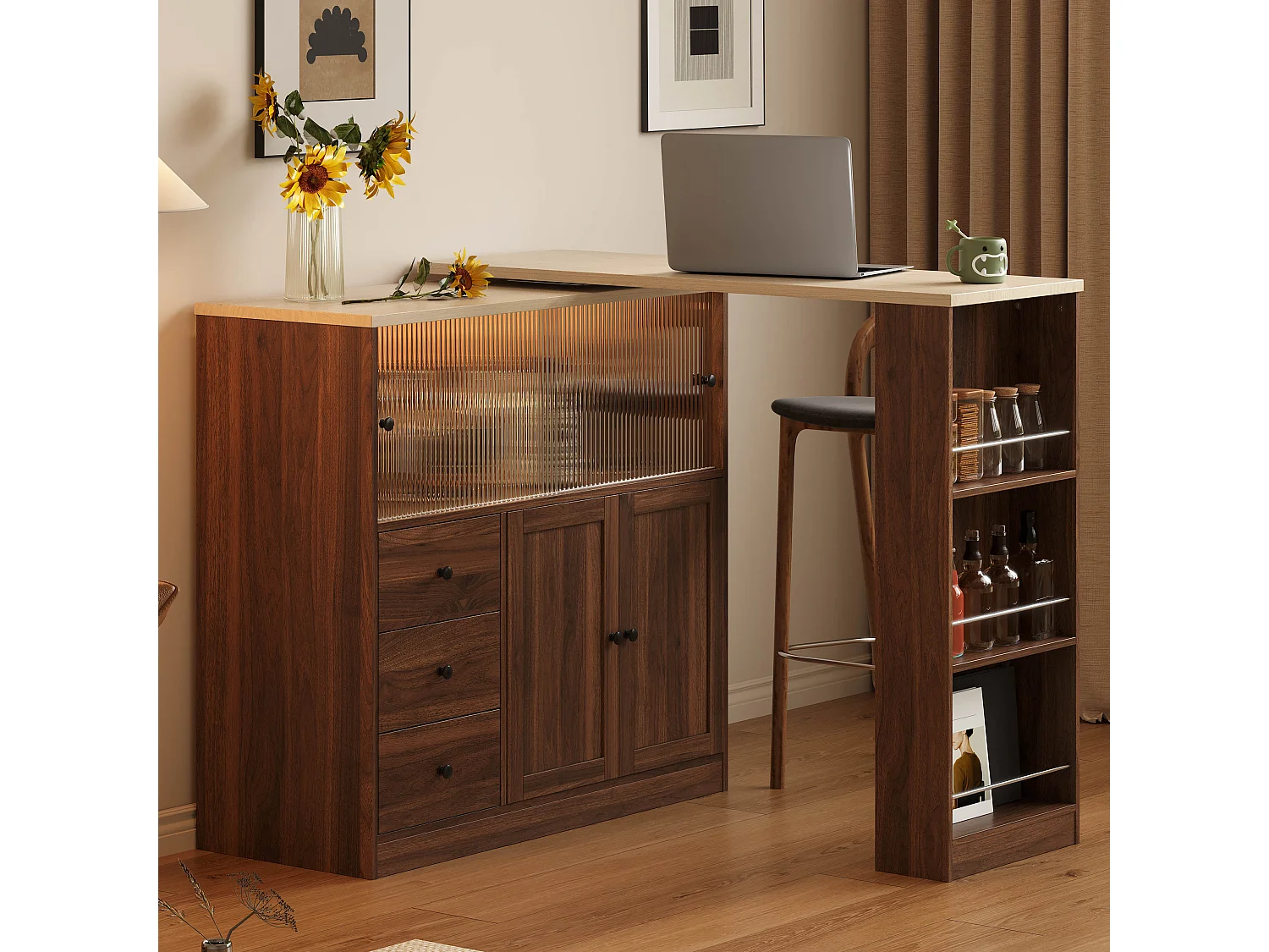 Extendable kitchen island with rotating top, 3 drawers, 4 doors and RGB LED lighting - MDF and tempered glass - 115 to 172 x 40 x 96 cm - Natural