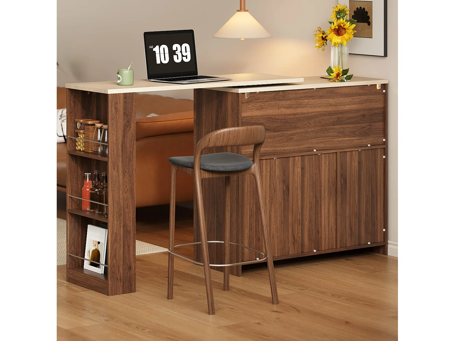 Extendable kitchen island with rotating top, 3 drawers, 4 doors and RGB LED lighting - MDF and tempered glass - 115 to 172 x 40 x 96 cm - Natural