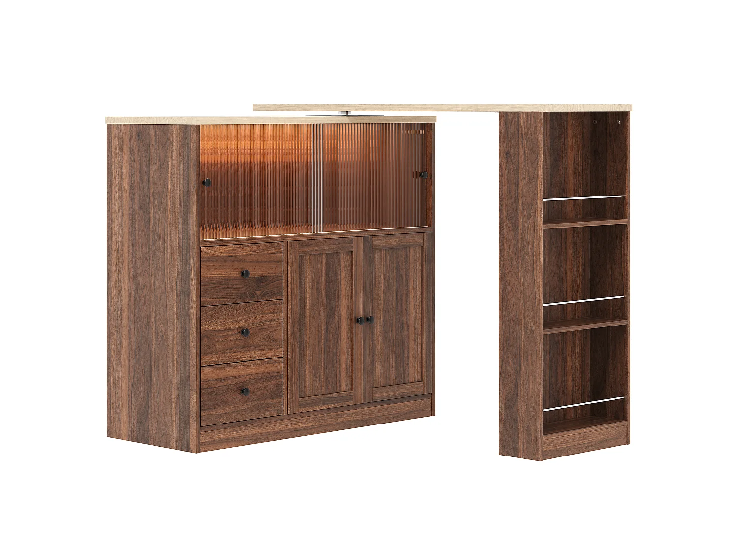 Extendable kitchen island with rotating top, 3 drawers, 4 doors and RGB LED lighting - MDF and tempered glass - 115 to 172 x 40 x 96 cm - Natural
