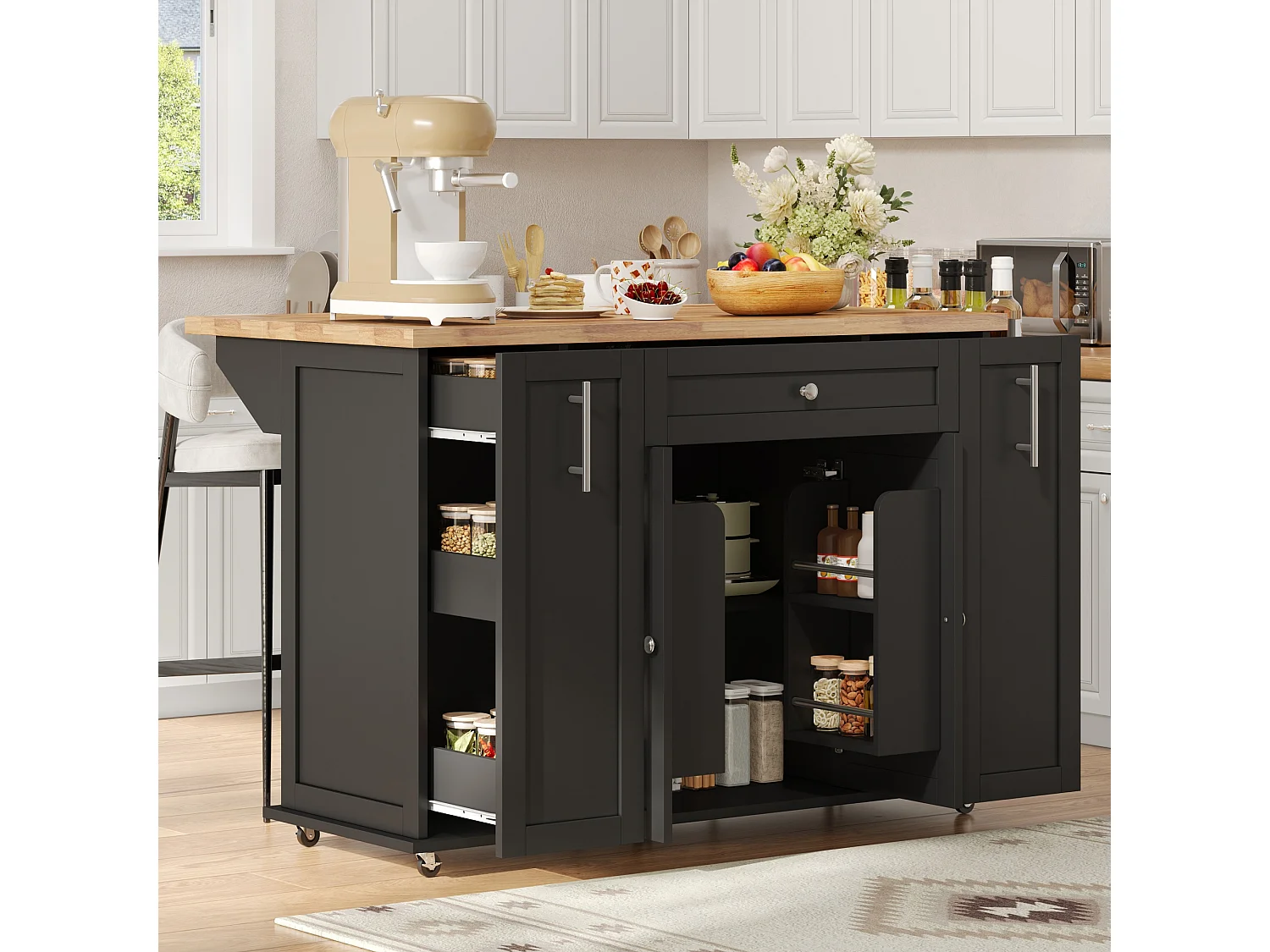 Isola da cucina su ruote con piano ribaltabile, 3 cassetti e 2 ante - MDF - da 120 x 45 a 70 x 87 cm - Nero
