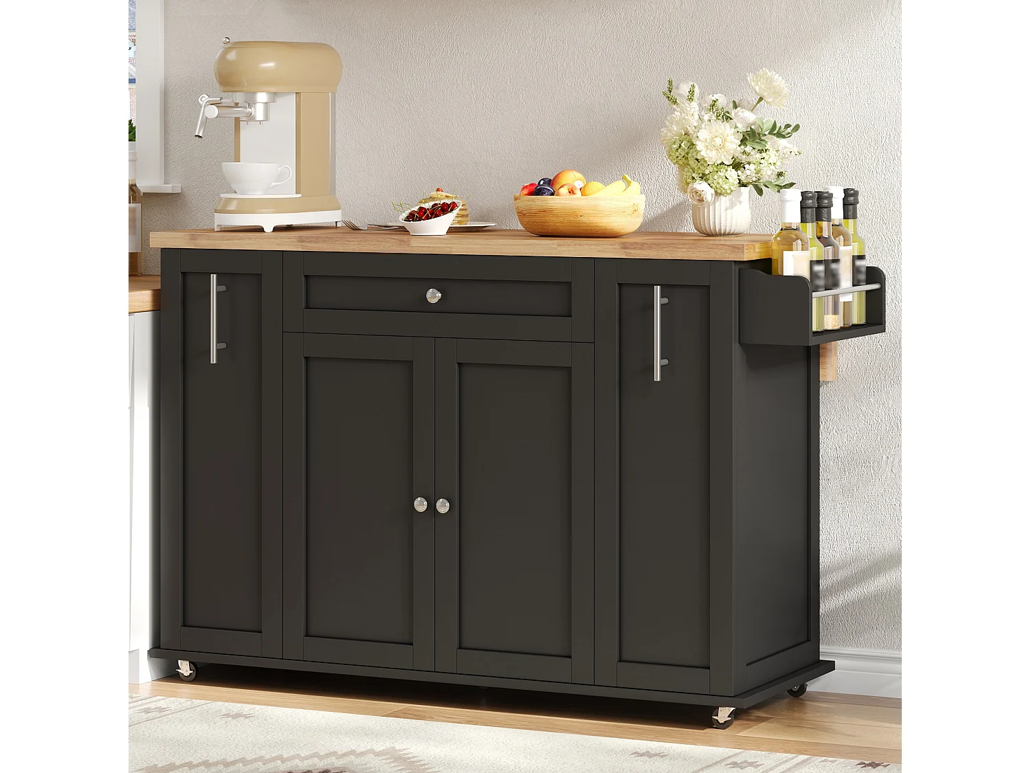Isola da cucina su ruote con piano ribaltabile, 3 cassetti e 2 ante - MDF - da 120 x 45 a 70 x 87 cm - Nero