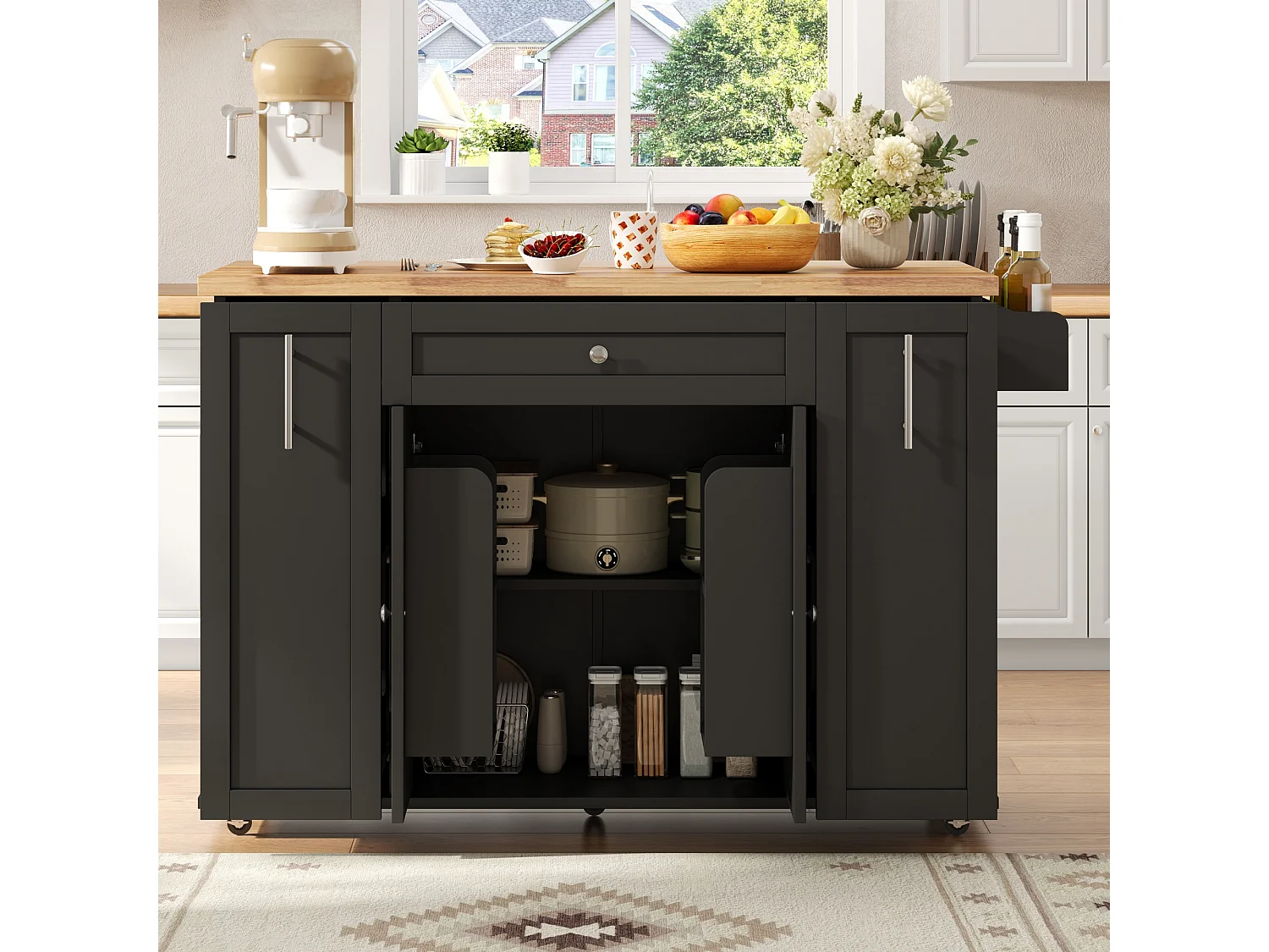 Isola da cucina su ruote con piano ribaltabile, 3 cassetti e 2 ante - MDF - da 120 x 45 a 70 x 87 cm - Nero