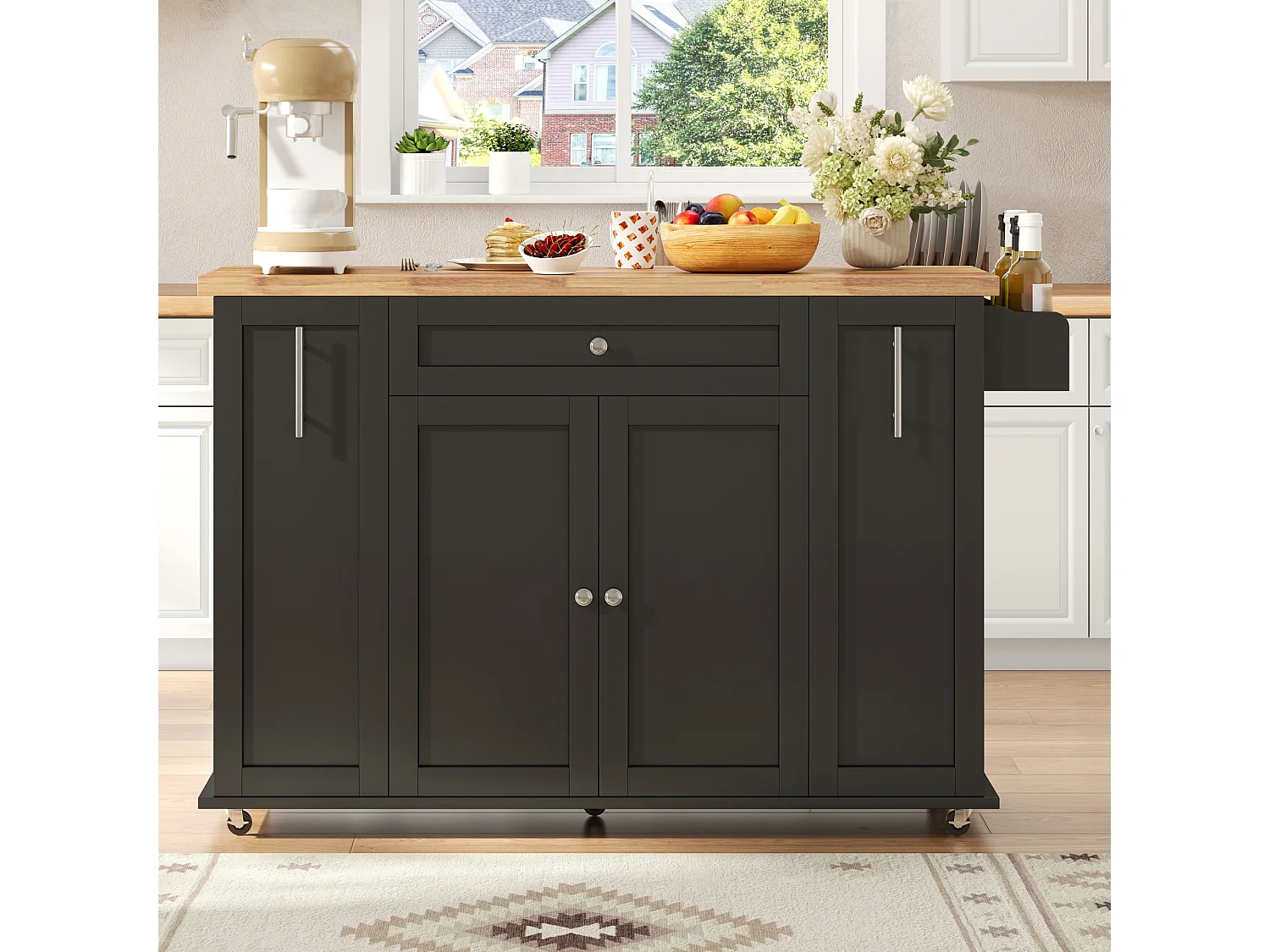 Isola da cucina su ruote con piano ribaltabile, 3 cassetti e 2 ante - MDF - da 120 x 45 a 70 x 87 cm - Nero