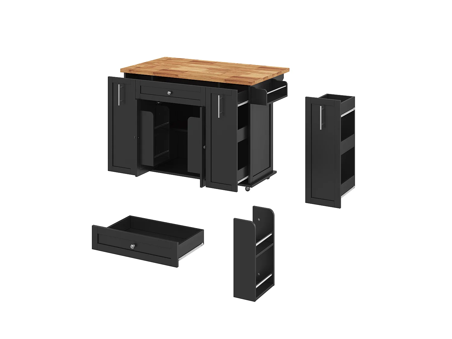 Isola da cucina su ruote con piano ribaltabile, 3 cassetti e 2 ante - MDF - da 120 x 45 a 70 x 87 cm - Nero