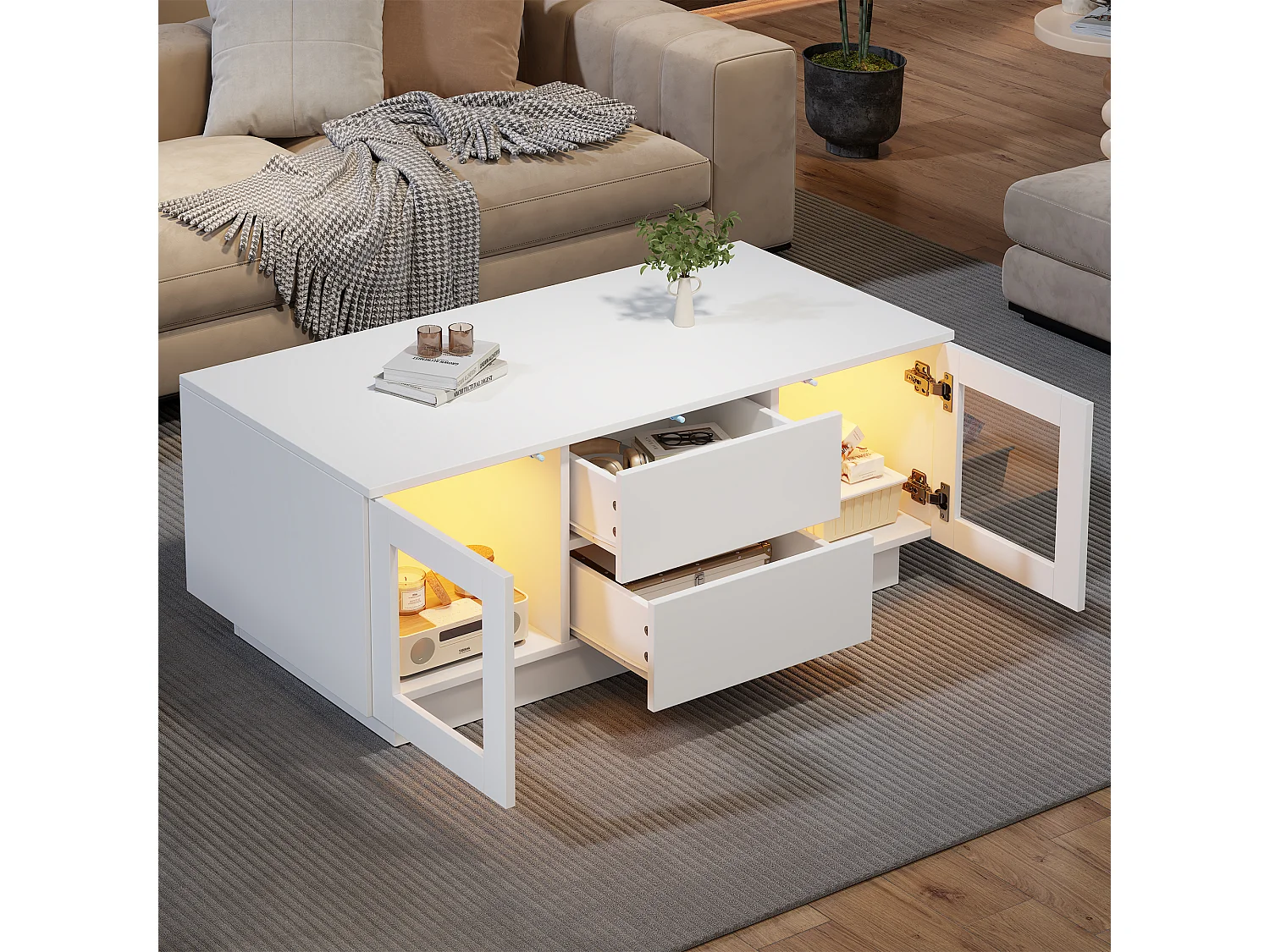 Coffee table with 2 push-to-open doors, 2 drawers and LED lighting - MDF - 100 x 50 x 40 cm - Glossy white