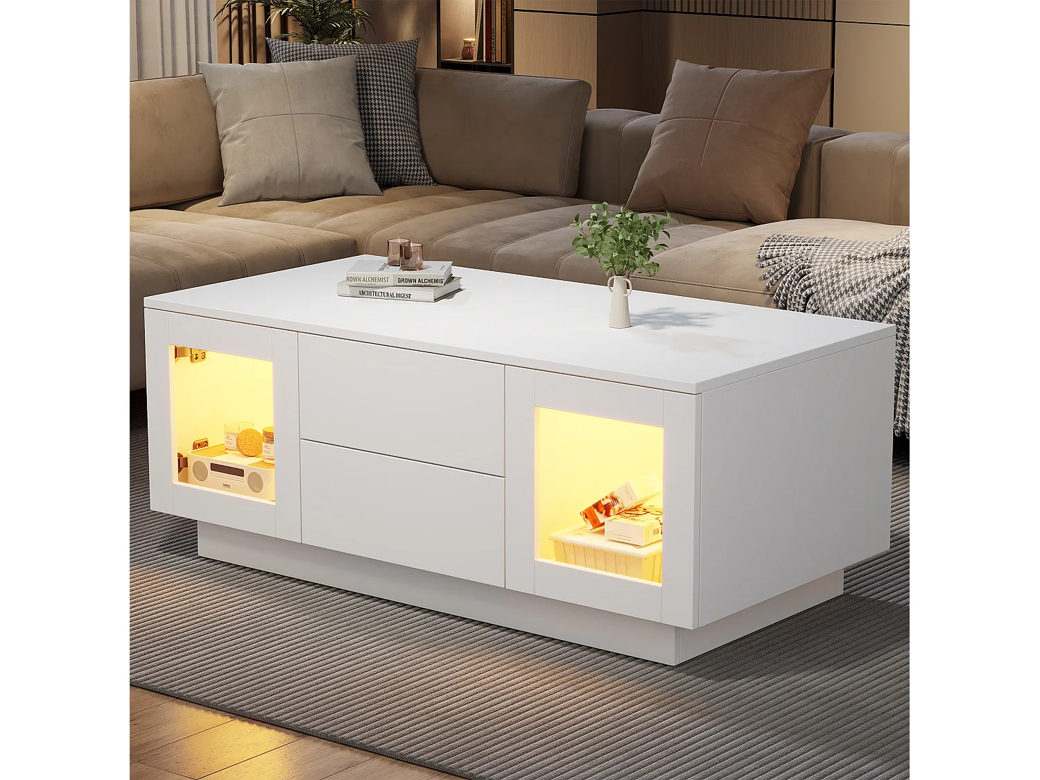 Coffee table with 2 push-to-open doors, 2 drawers and LED lighting - MDF - 100 x 50 x 40 cm - Glossy white