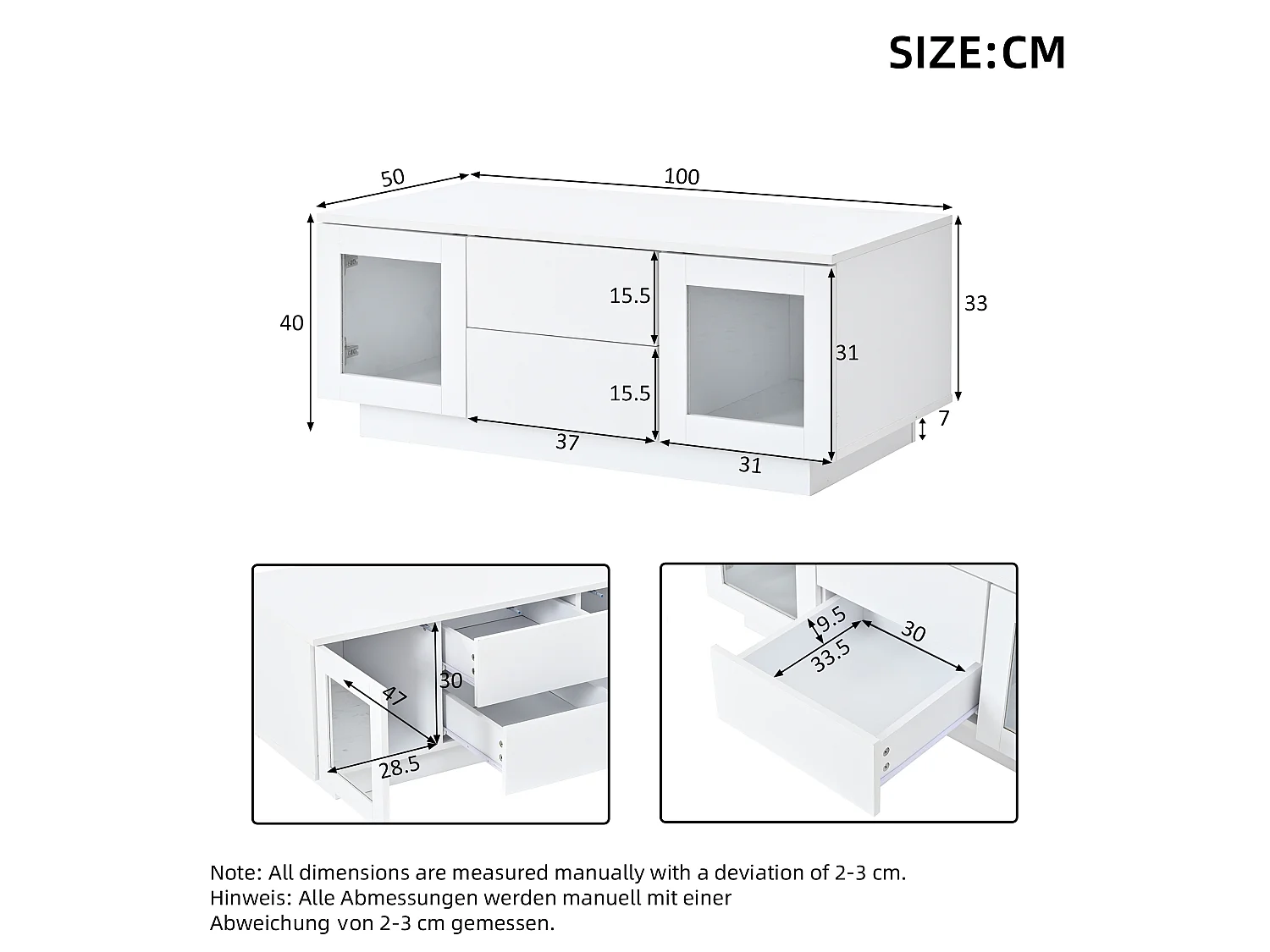 Coffee table with 2 push-to-open doors, 2 drawers and LED lighting - MDF - 100 x 50 x 40 cm - Glossy white