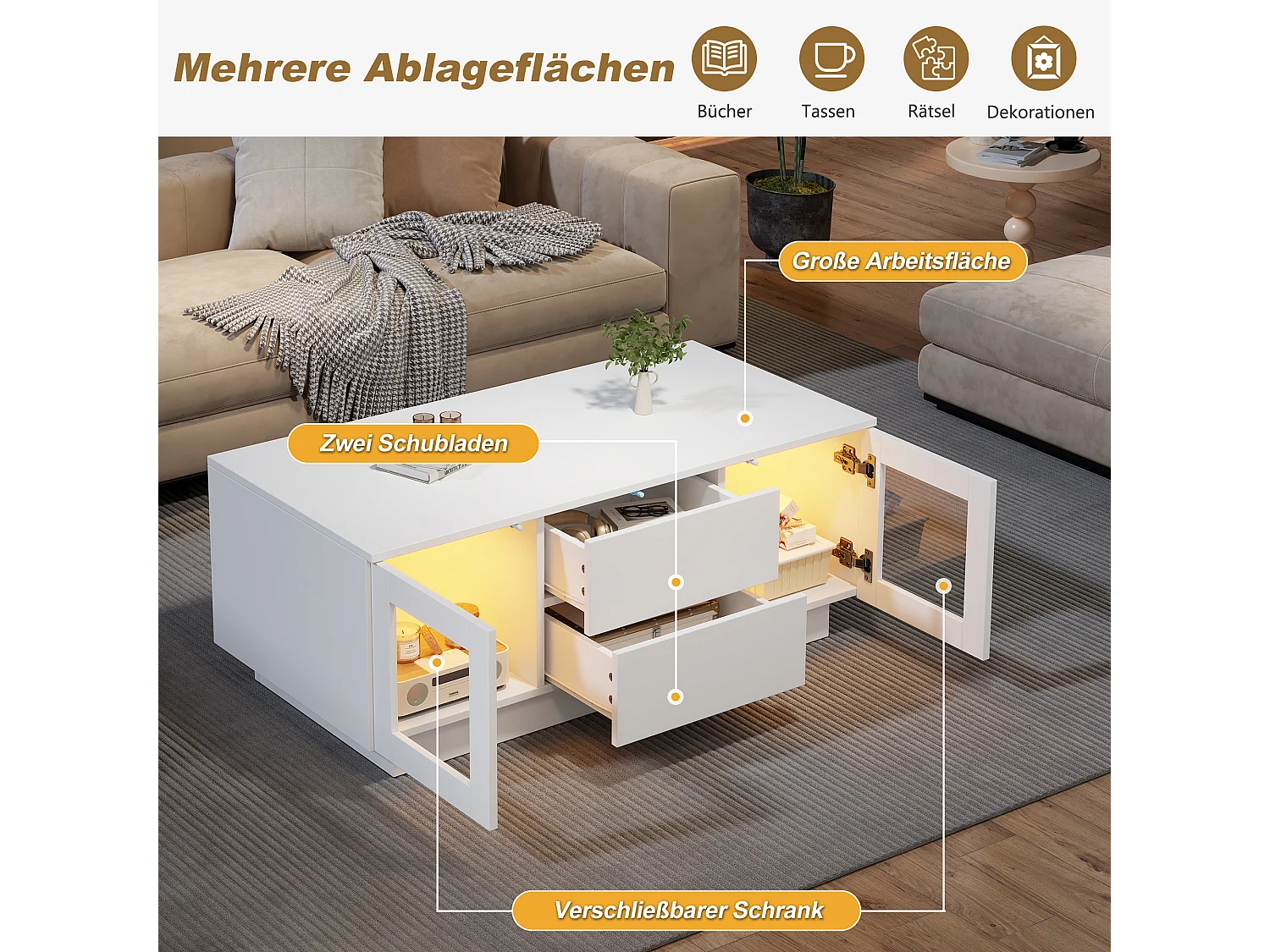 Coffee table with 2 push-to-open doors, 2 drawers and LED lighting - MDF - 100 x 50 x 40 cm - Glossy white