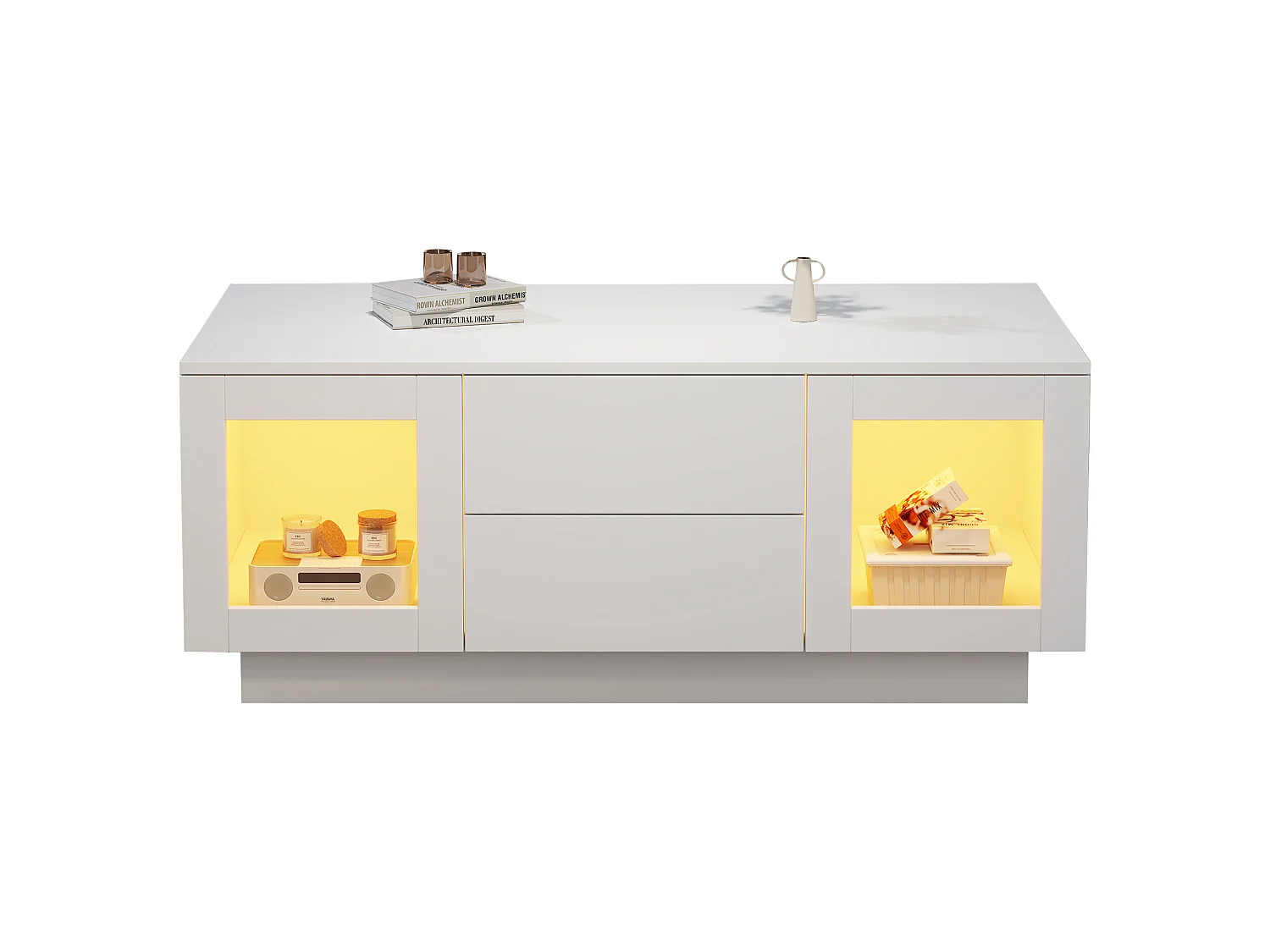 Coffee table with 2 push-to-open doors, 2 drawers and LED lighting - MDF - 100 x 50 x 40 cm - Glossy white
