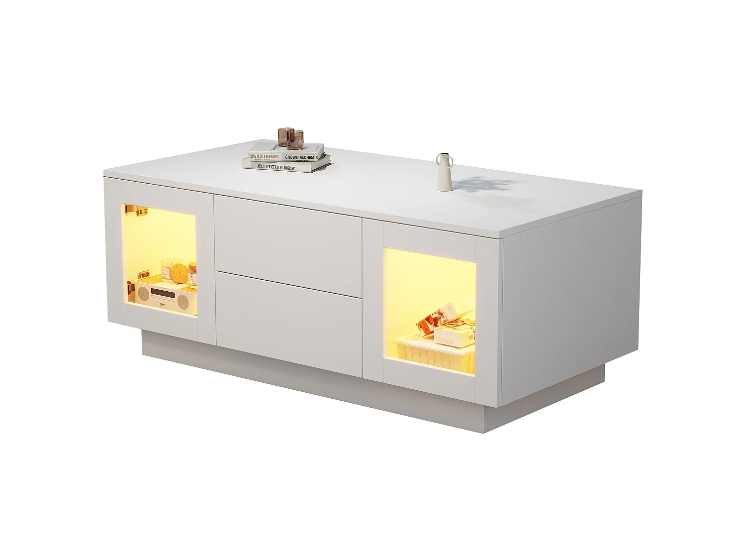 Coffee table with 2 push-to-open doors, 2 drawers and LED lighting - MDF - 100 x 50 x 40 cm - Glossy white