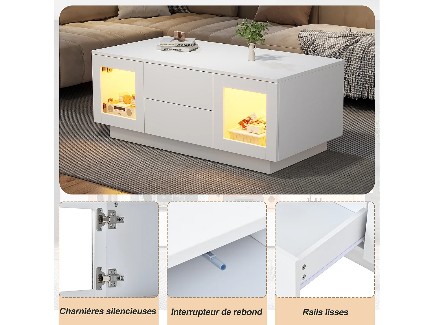 Coffee table with 2 push-to-open doors, 2 drawers and LED lighting - MDF - 100 x 50 x 40 cm - Glossy white