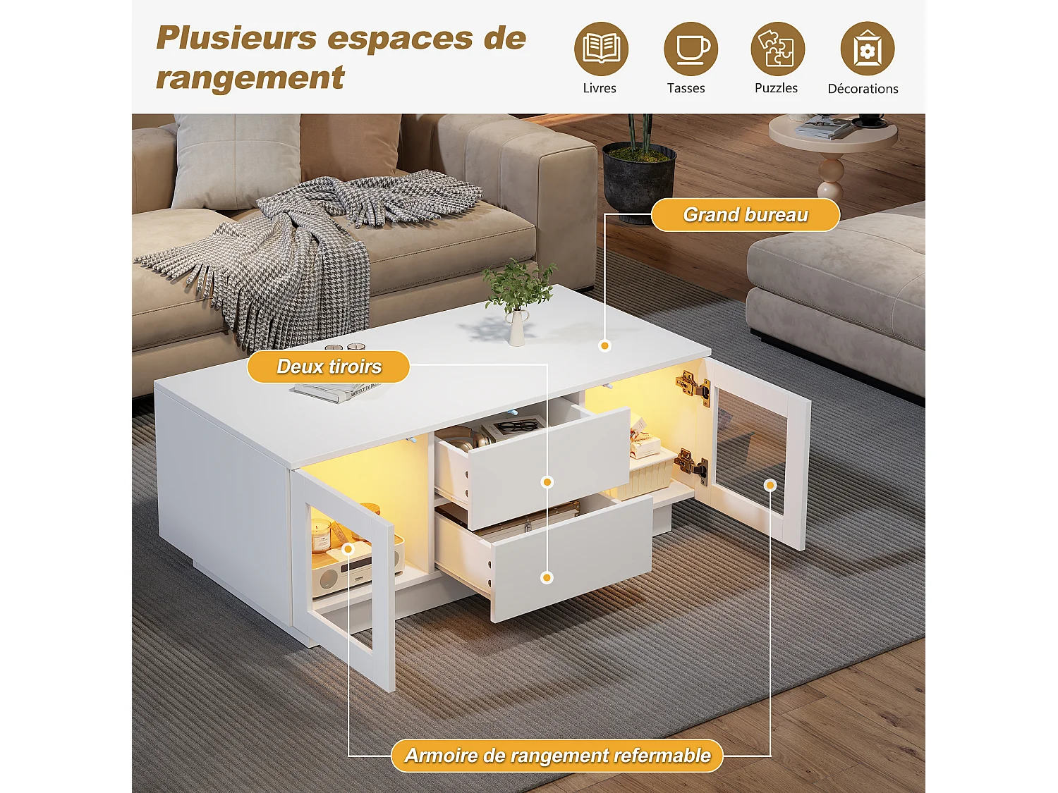 Coffee table with 2 push-to-open doors, 2 drawers and LED lighting - MDF - 100 x 50 x 40 cm - Glossy white
