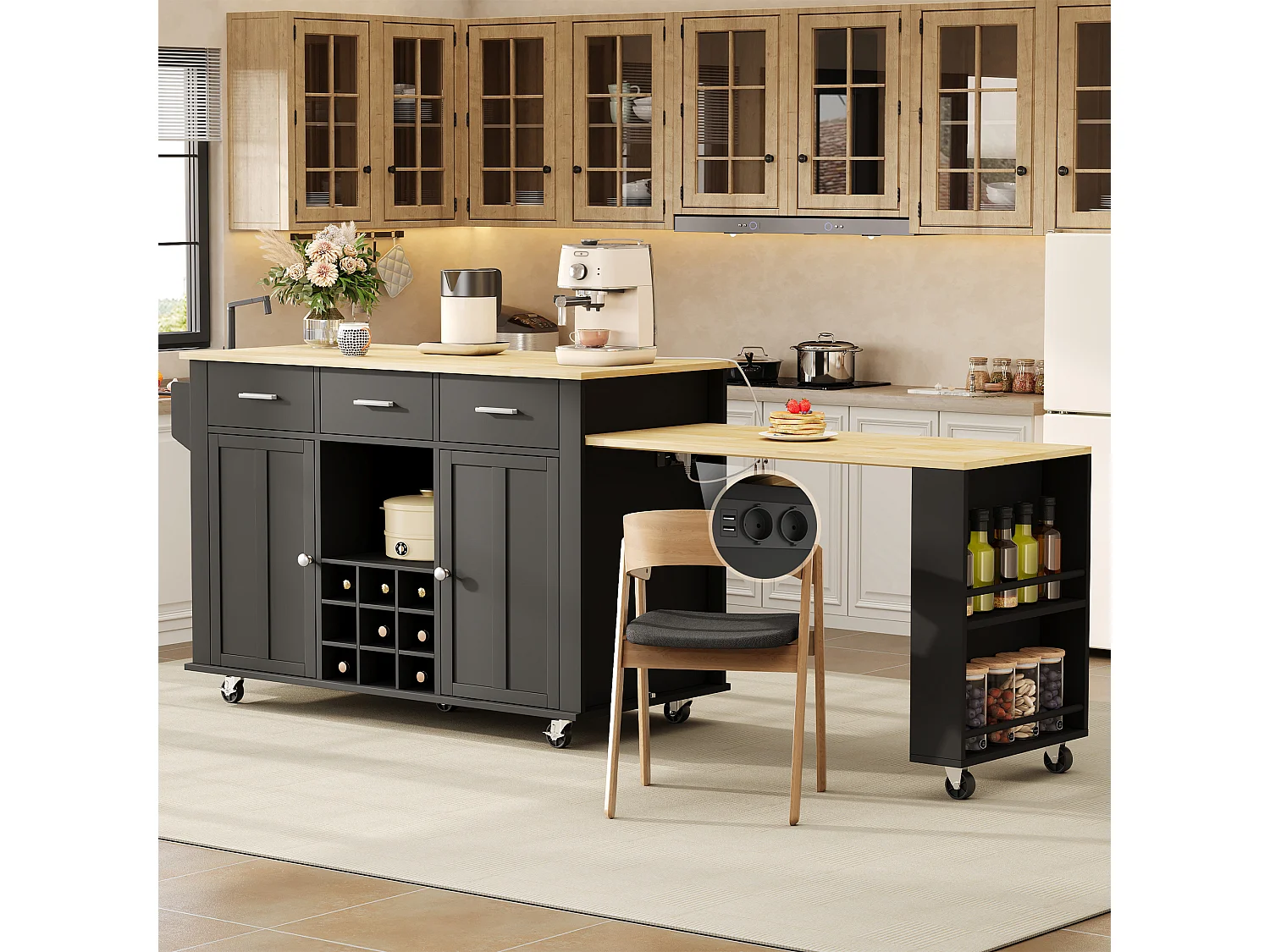 Isola cucina allungabile su ruote, 3 cassetti, portabottiglie, prese di corrente e porte USB - MDF - da 136 a 223 x 50 x 93 cm - Naturale e nero