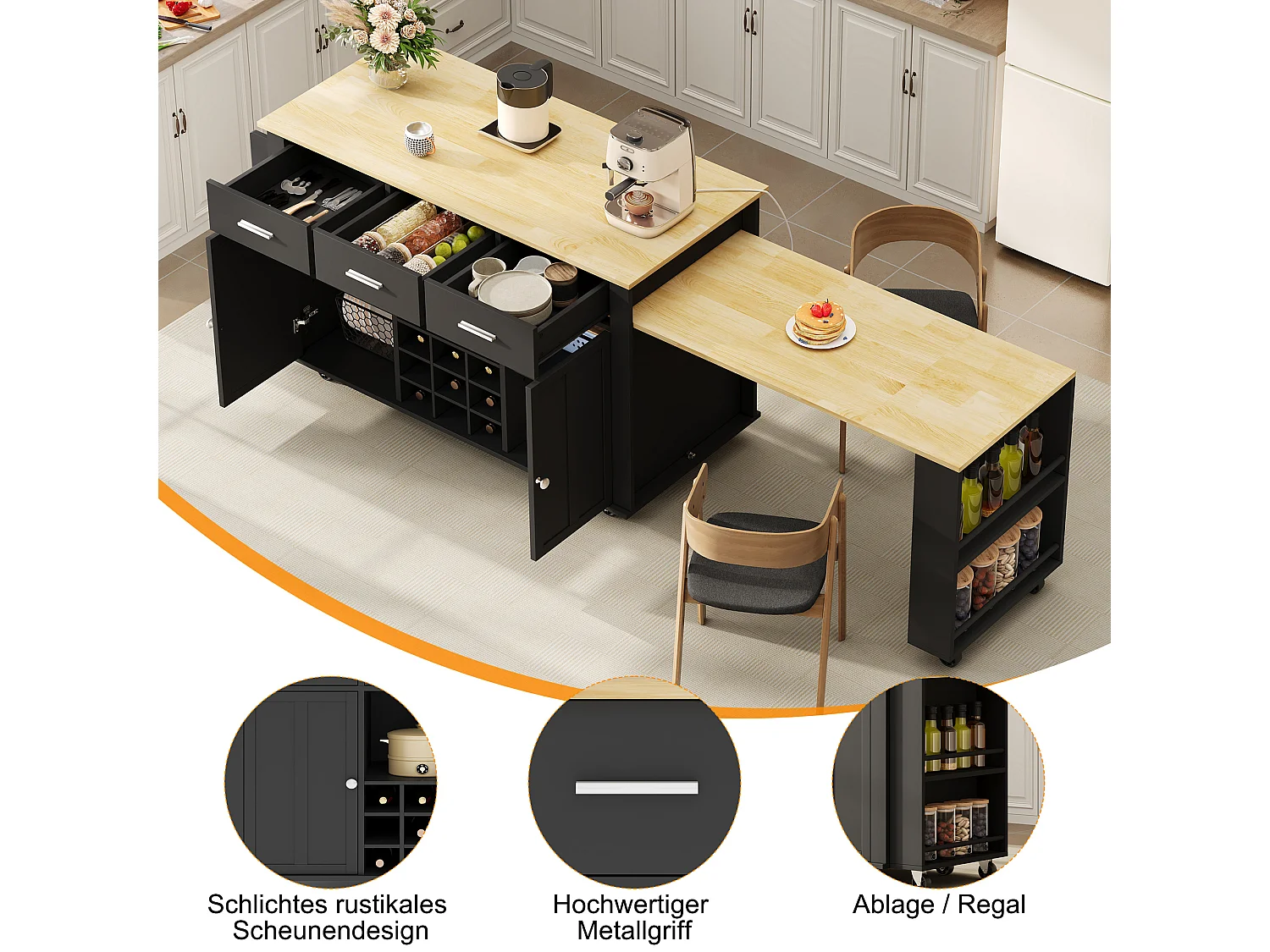 Isola cucina allungabile su ruote, 3 cassetti, portabottiglie, prese di corrente e porte USB - MDF - da 136 a 223 x 50 x 93 cm - Naturale e nero