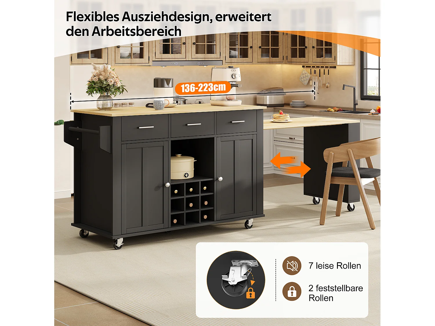 Isola cucina allungabile su ruote, 3 cassetti, portabottiglie, prese di corrente e porte USB - MDF - da 136 a 223 x 50 x 93 cm - Naturale e nero