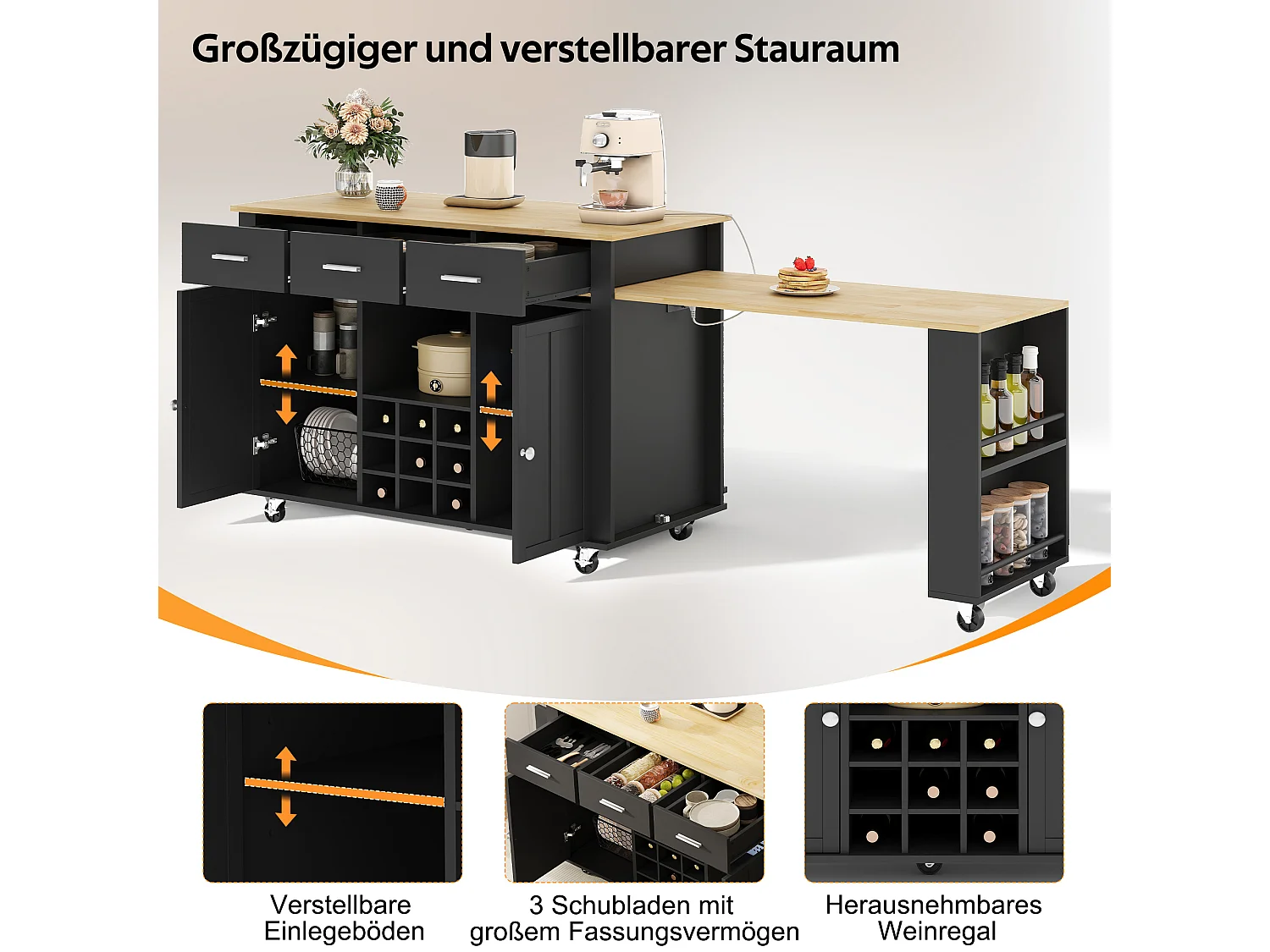 Isola cucina allungabile su ruote, 3 cassetti, portabottiglie, prese di corrente e porte USB - MDF - da 136 a 223 x 50 x 93 cm - Naturale e nero