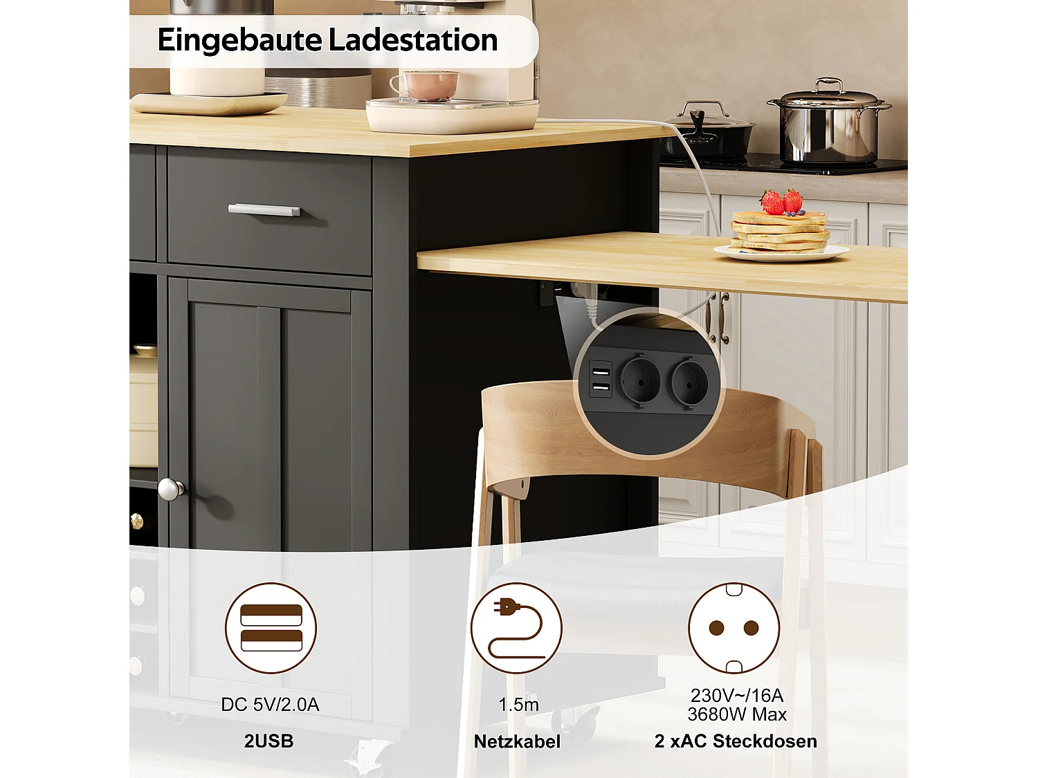 Isola cucina allungabile su ruote, 3 cassetti, portabottiglie, prese di corrente e porte USB - MDF - da 136 a 223 x 50 x 93 cm - Naturale e nero