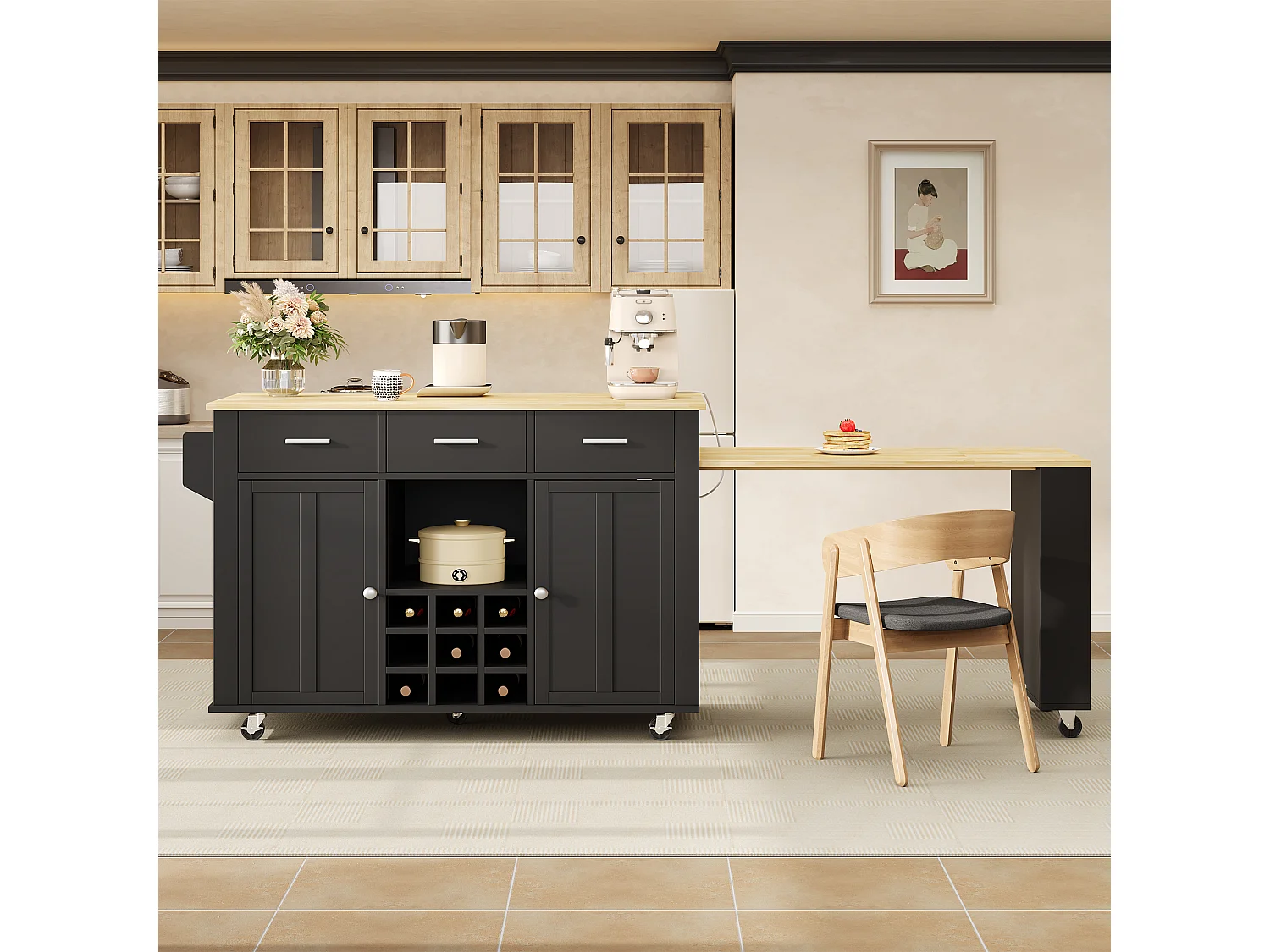 Isola cucina allungabile su ruote, 3 cassetti, portabottiglie, prese di corrente e porte USB - MDF - da 136 a 223 x 50 x 93 cm - Naturale e nero
