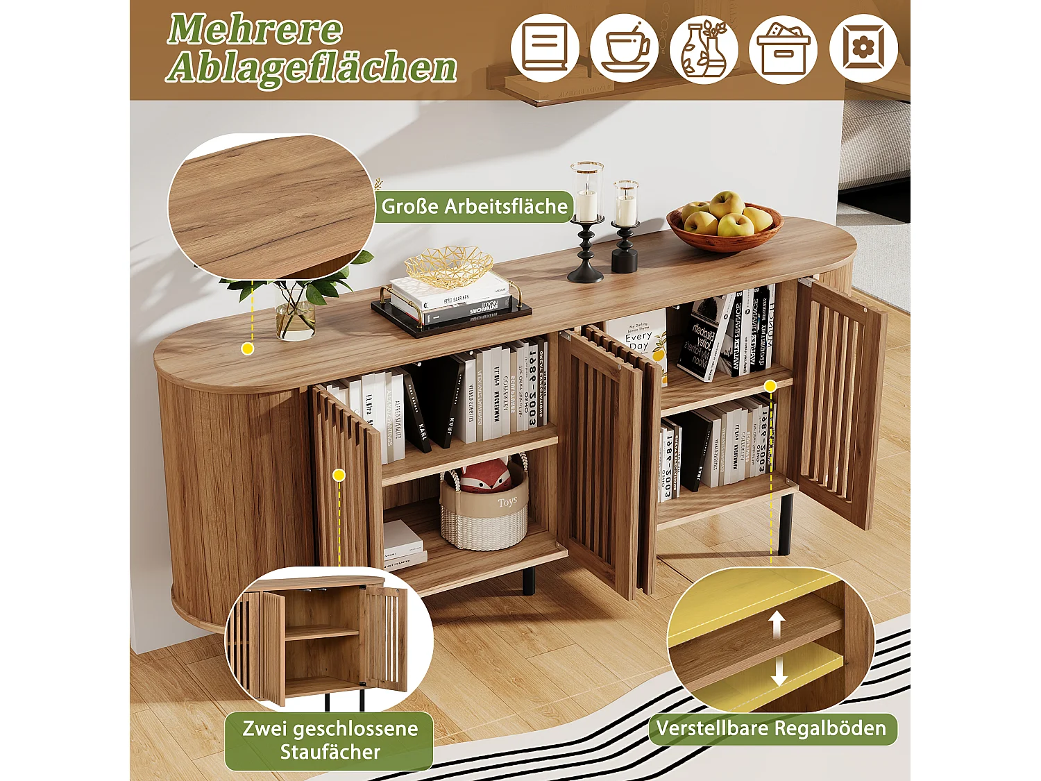 Sideboard with 4 perforated sliding doors, adjustable shelves and metal legs - MDF - 160 x 40 x 70 cm - Natural
