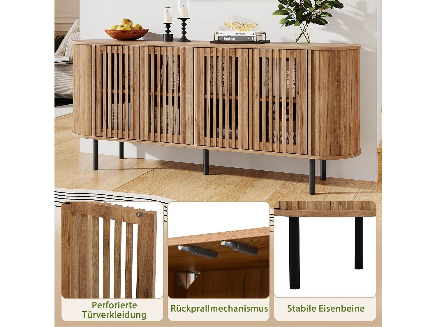Sideboard with 4 perforated sliding doors, adjustable shelves and metal legs - MDF - 160 x 40 x 70 cm - Natural