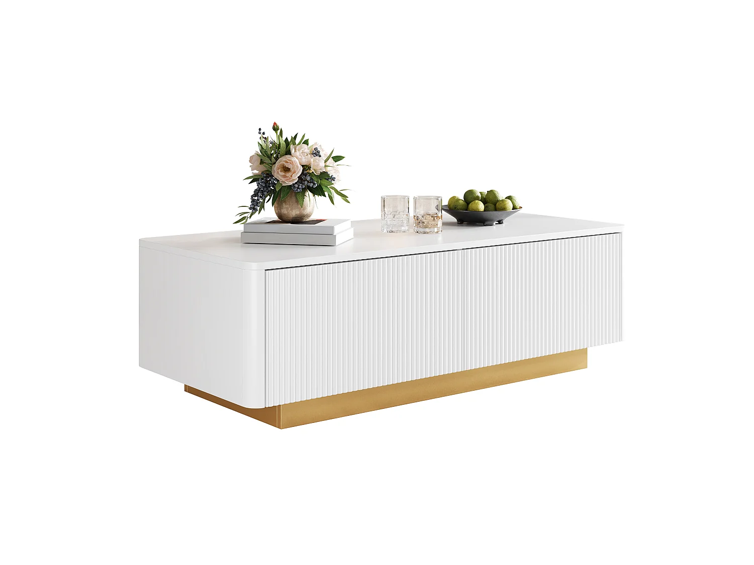 Soffbord med 2 lådor och räfflade fronter - MDF och spånskiva - 110 x 50 x 35 cm - Vit