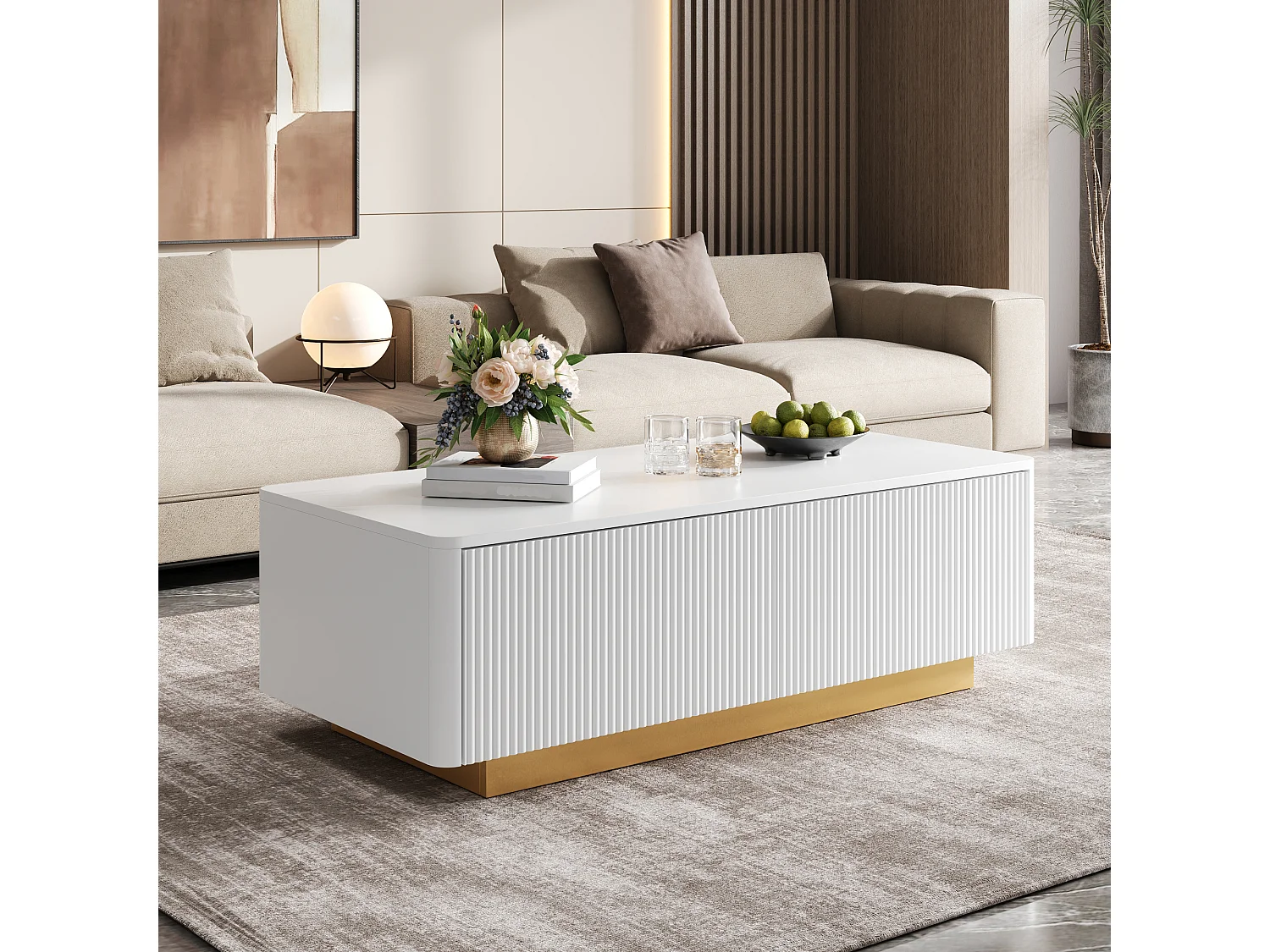 Soffbord med 2 lådor och räfflade fronter - MDF och spånskiva - 110 x 50 x 35 cm - Vit