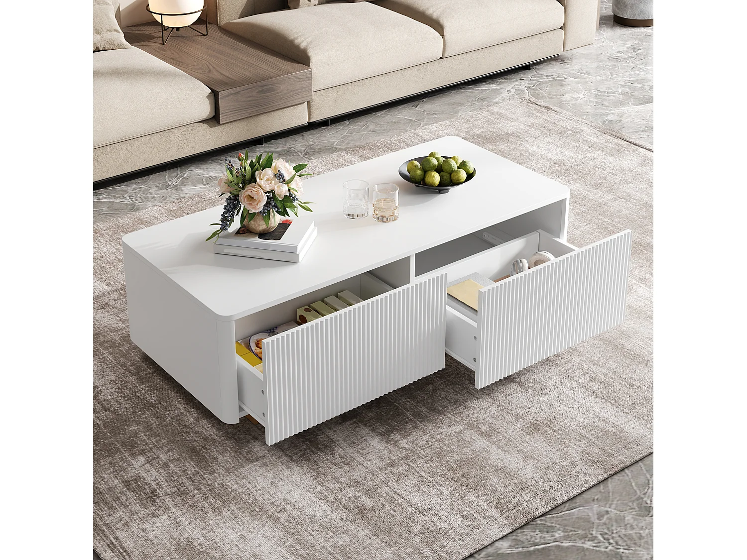 Soffbord med 2 lådor och räfflade fronter - MDF och spånskiva - 110 x 50 x 35 cm - Vit