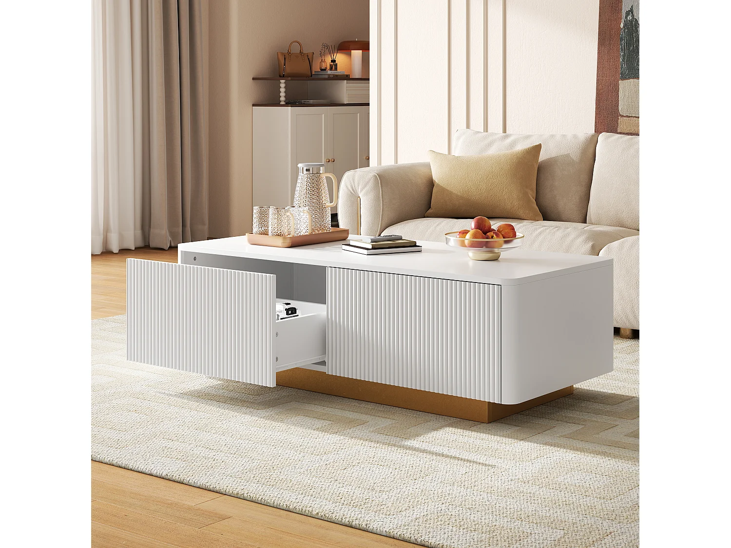 Soffbord med 2 lådor och räfflade fronter - MDF och spånskiva - 110 x 50 x 35 cm - Vit
