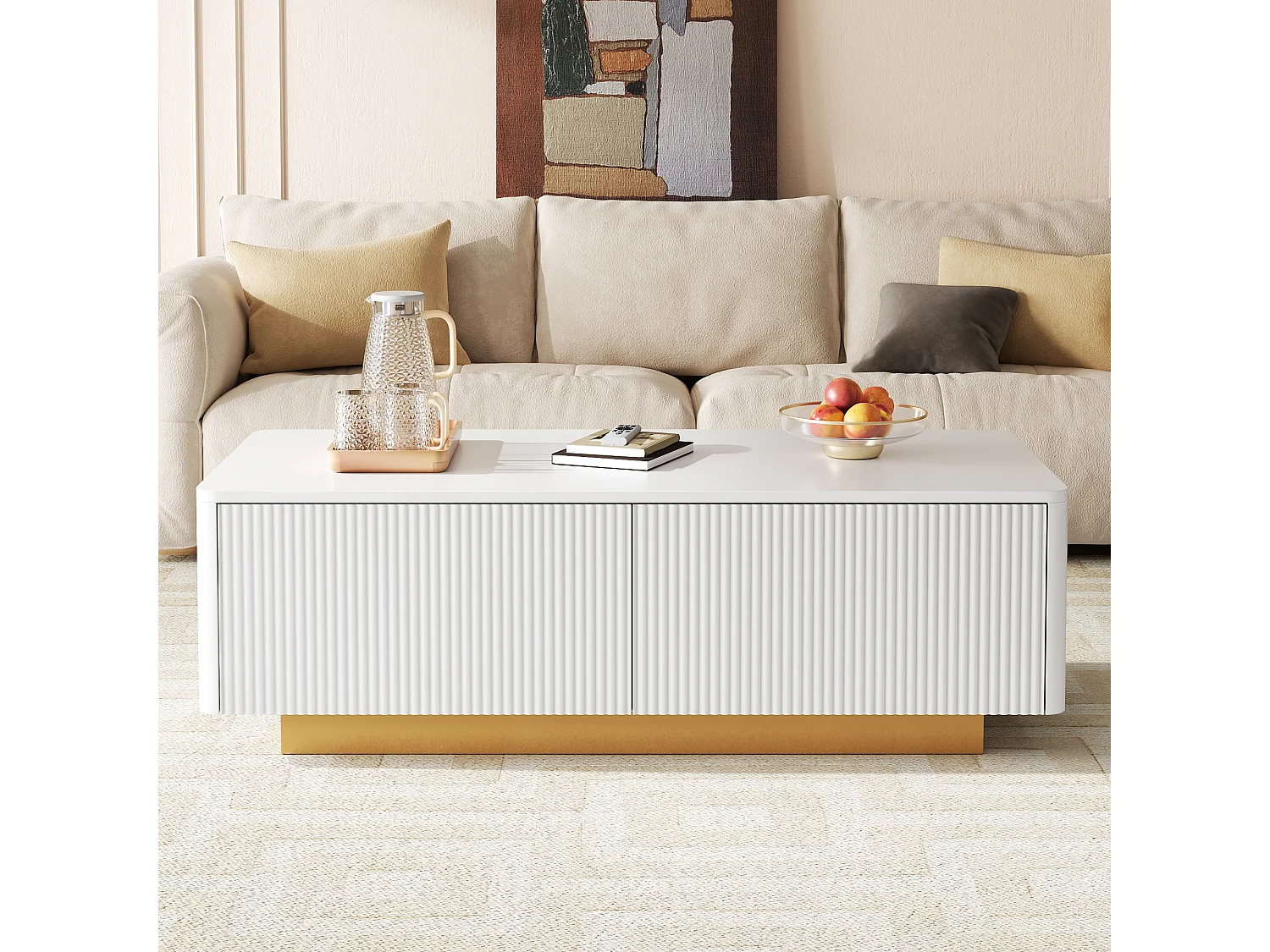Soffbord med 2 lådor och räfflade fronter - MDF och spånskiva - 110 x 50 x 35 cm - Vit