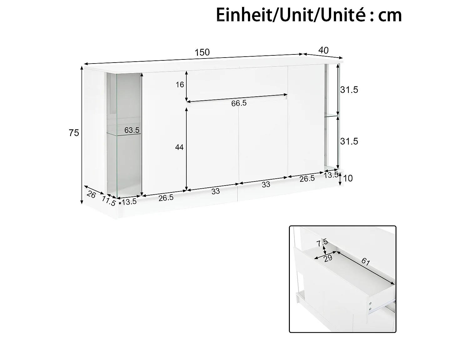 Low sideboard with 4 doors (2 glass), 1 drawer and LED lighting - Particleboard - 150 x 40 x 75 cm - White