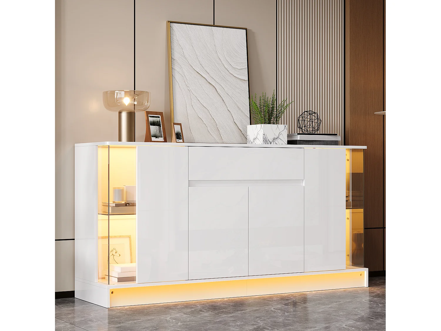 Low sideboard with 4 doors (2 glass), 1 drawer and LED lighting - Particleboard - 150 x 40 x 75 cm - White