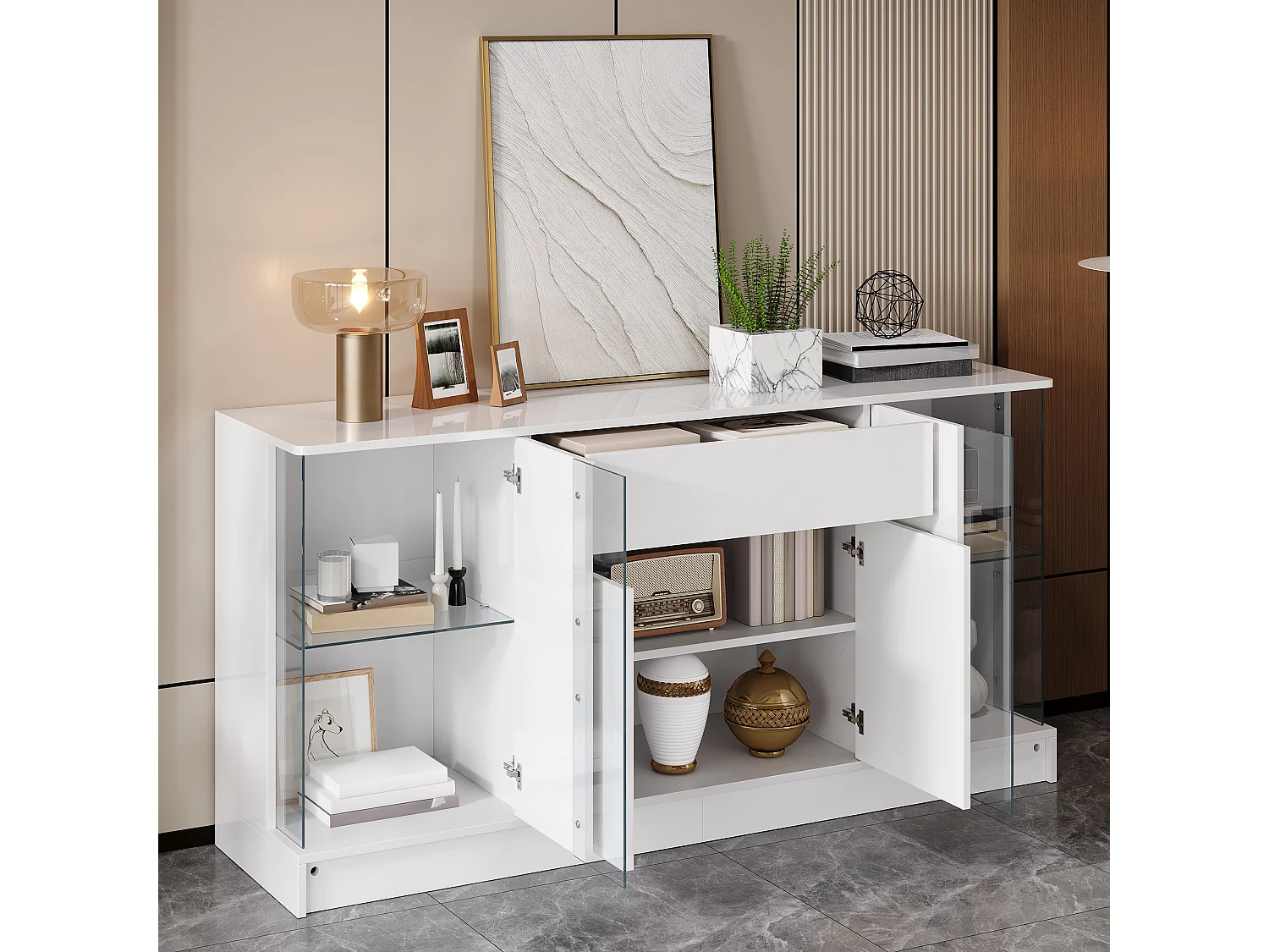 Low sideboard with 4 doors (2 glass), 1 drawer and LED lighting - Particleboard - 150 x 40 x 75 cm - White