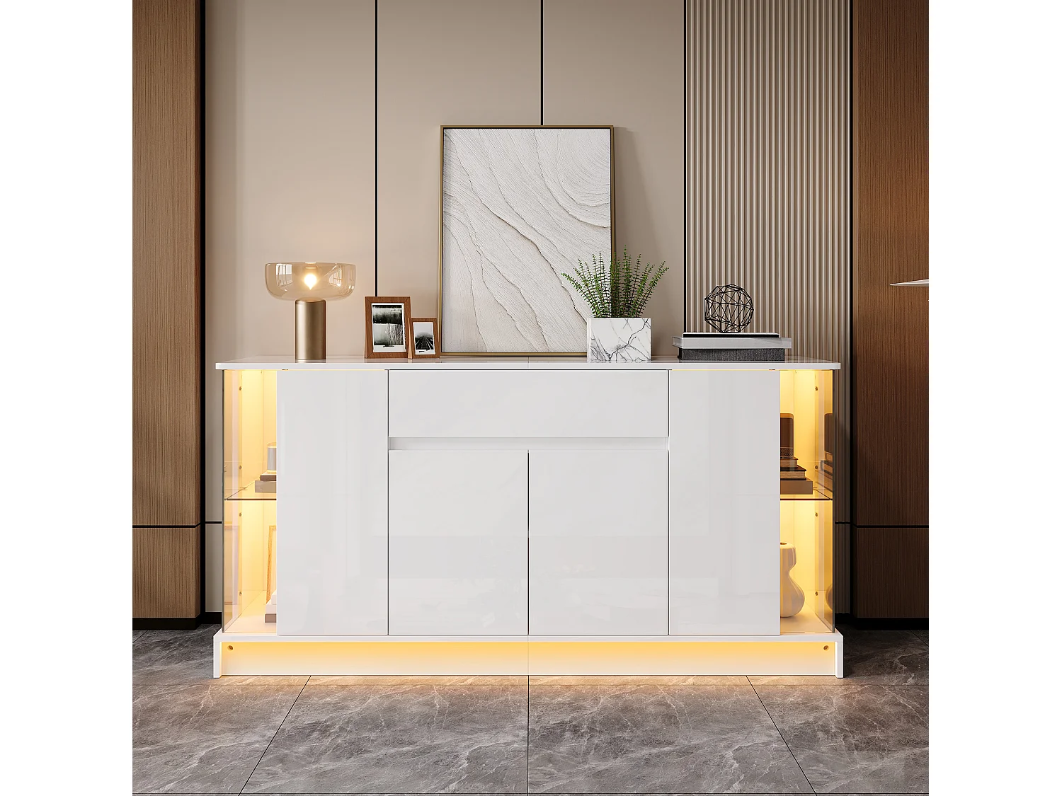 Low sideboard with 4 doors (2 glass), 1 drawer and LED lighting - Particleboard - 150 x 40 x 75 cm - White