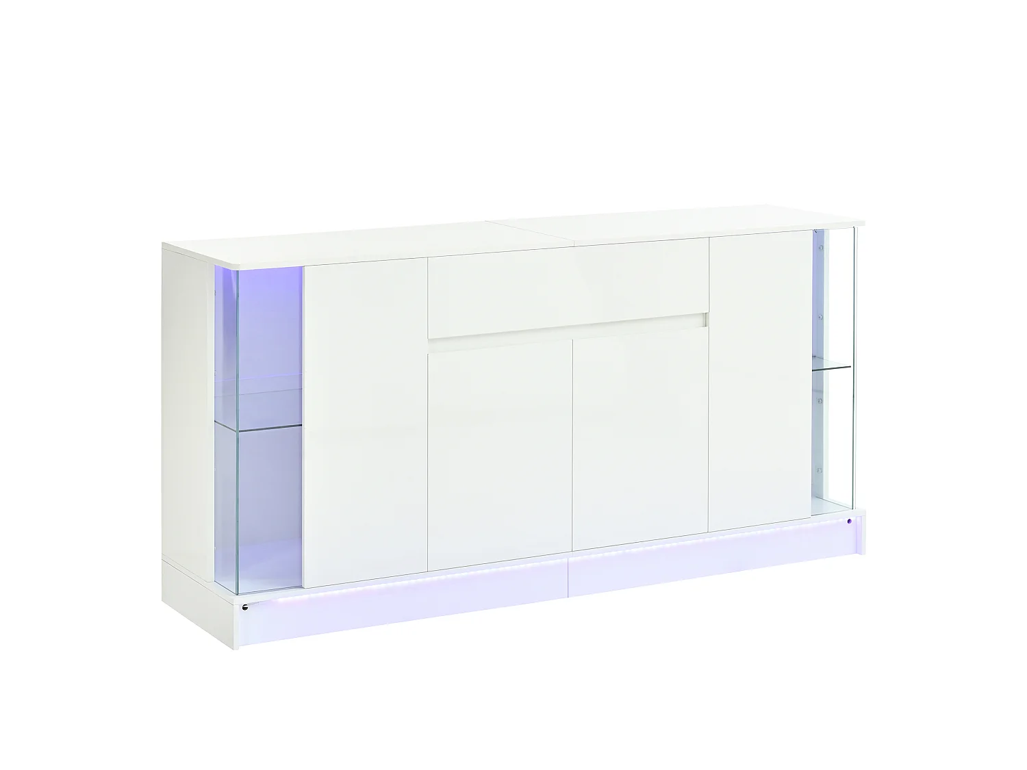 Low sideboard with 4 doors (2 glass), 1 drawer and LED lighting - Particleboard - 150 x 40 x 75 cm - White