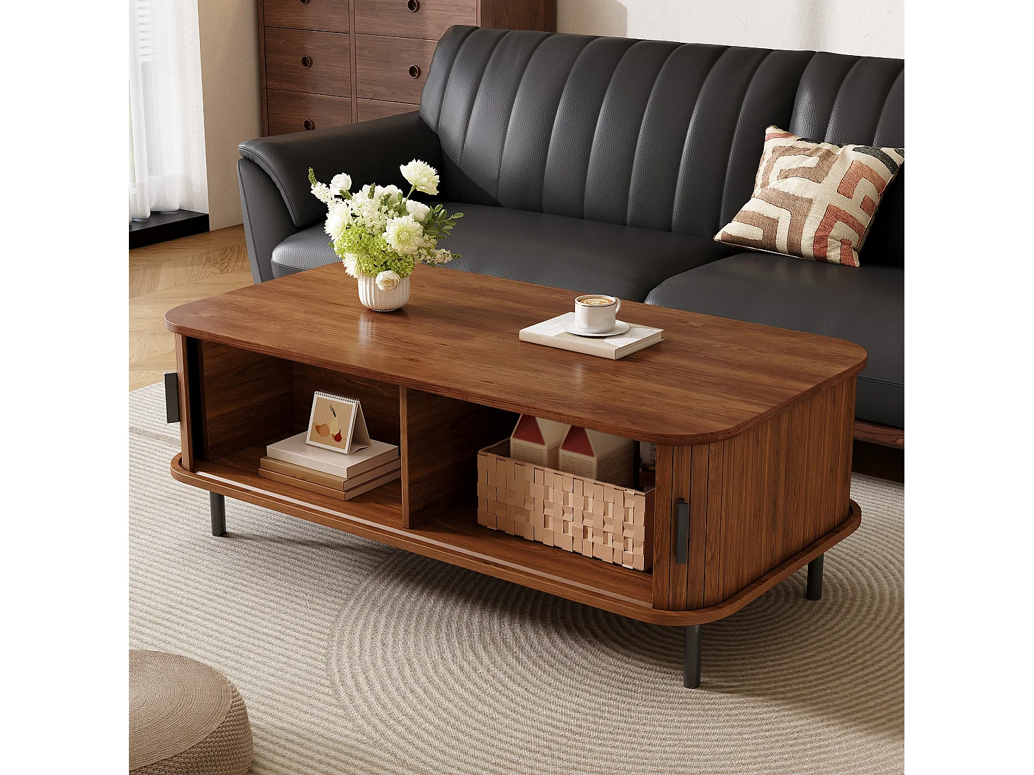 Coffee table with 2 grooved sliding doors and storage - MDF and particleboard - 100 x 50 x 45 cm - Walnut