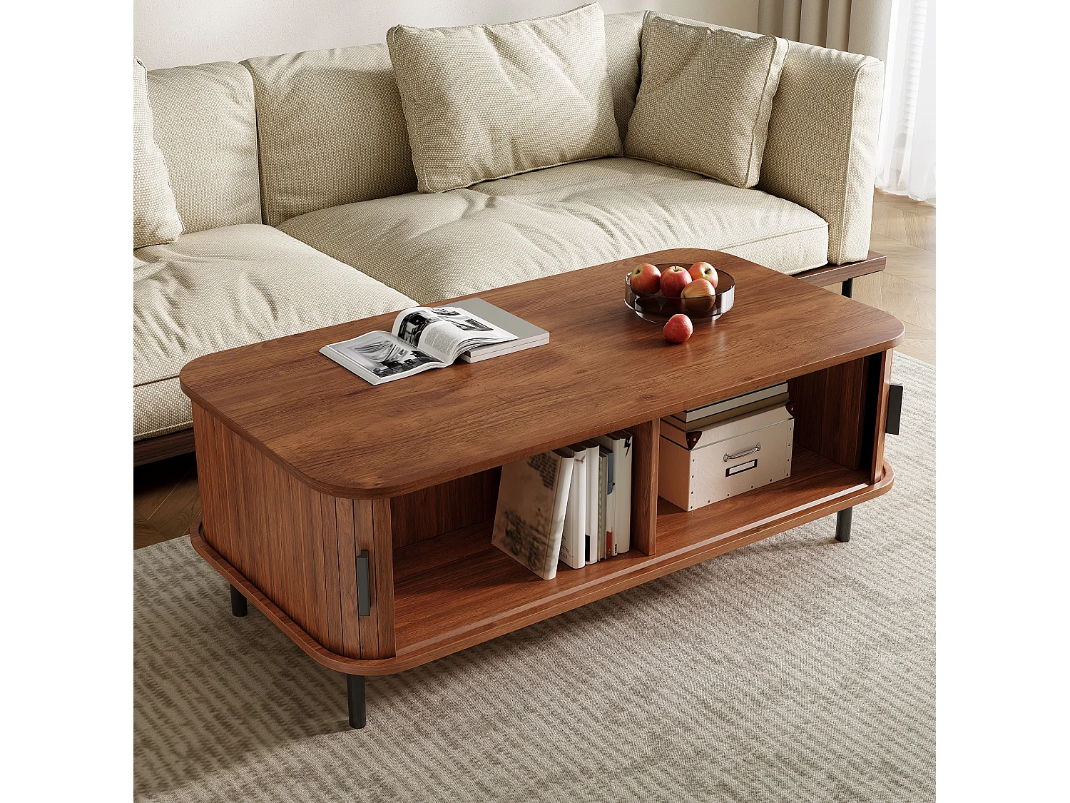 Coffee table with 2 grooved sliding doors and storage - MDF and particleboard - 100 x 50 x 45 cm - Walnut