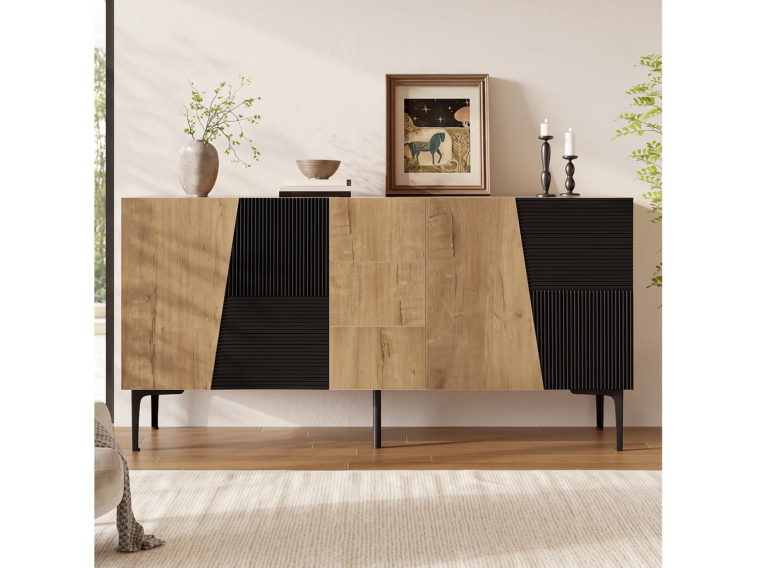 Sideboard with 4 doors, 3 drawers, adjustable shelves and metal legs - Particleboard - 160 x 40 x 80 cm - Natural wood and black