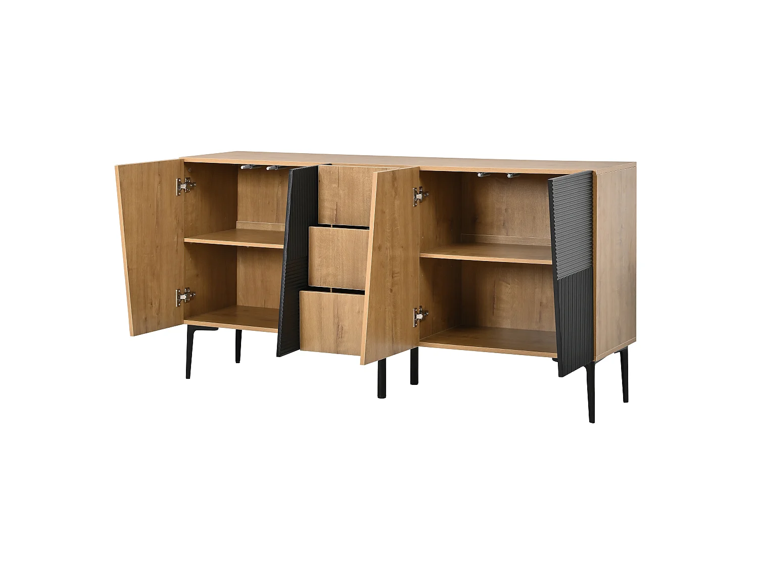 Sideboard with 4 doors, 3 drawers, adjustable shelves and metal legs - Particleboard - 160 x 40 x 80 cm - Natural wood and black