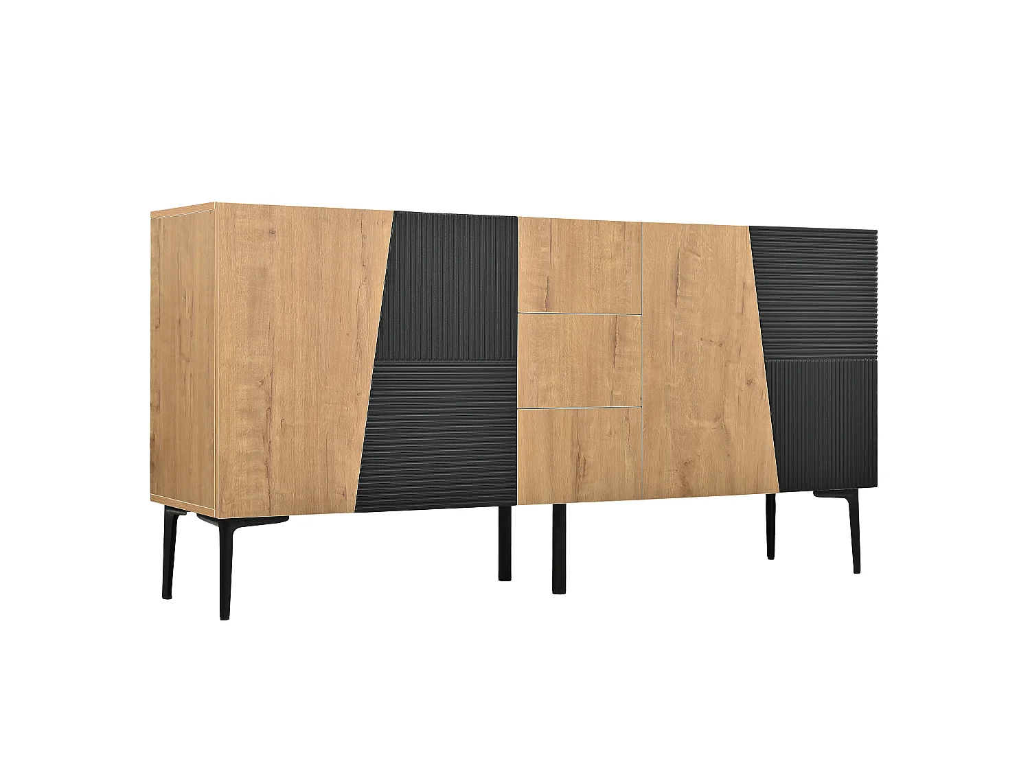 Sideboard with 4 doors, 3 drawers, adjustable shelves and metal legs - Particleboard - 160 x 40 x 80 cm - Natural wood and black