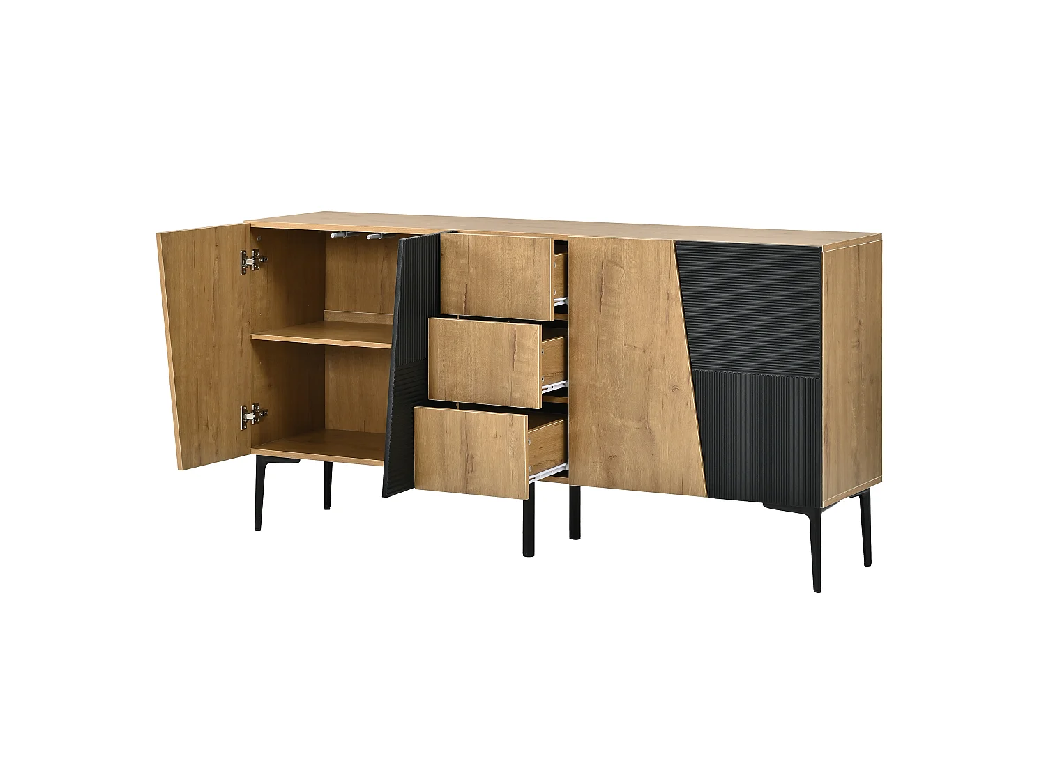 Sideboard with 4 doors, 3 drawers, adjustable shelves and metal legs - Particleboard - 160 x 40 x 80 cm - Natural wood and black