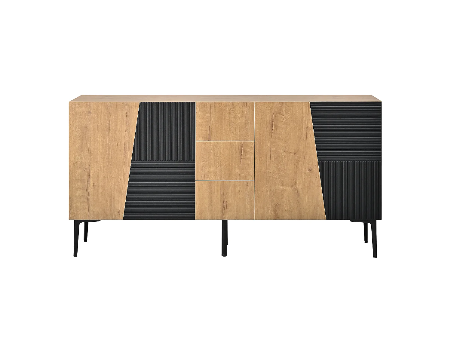 Sideboard with 4 doors, 3 drawers, adjustable shelves and metal legs - Particleboard - 160 x 40 x 80 cm - Natural wood and black